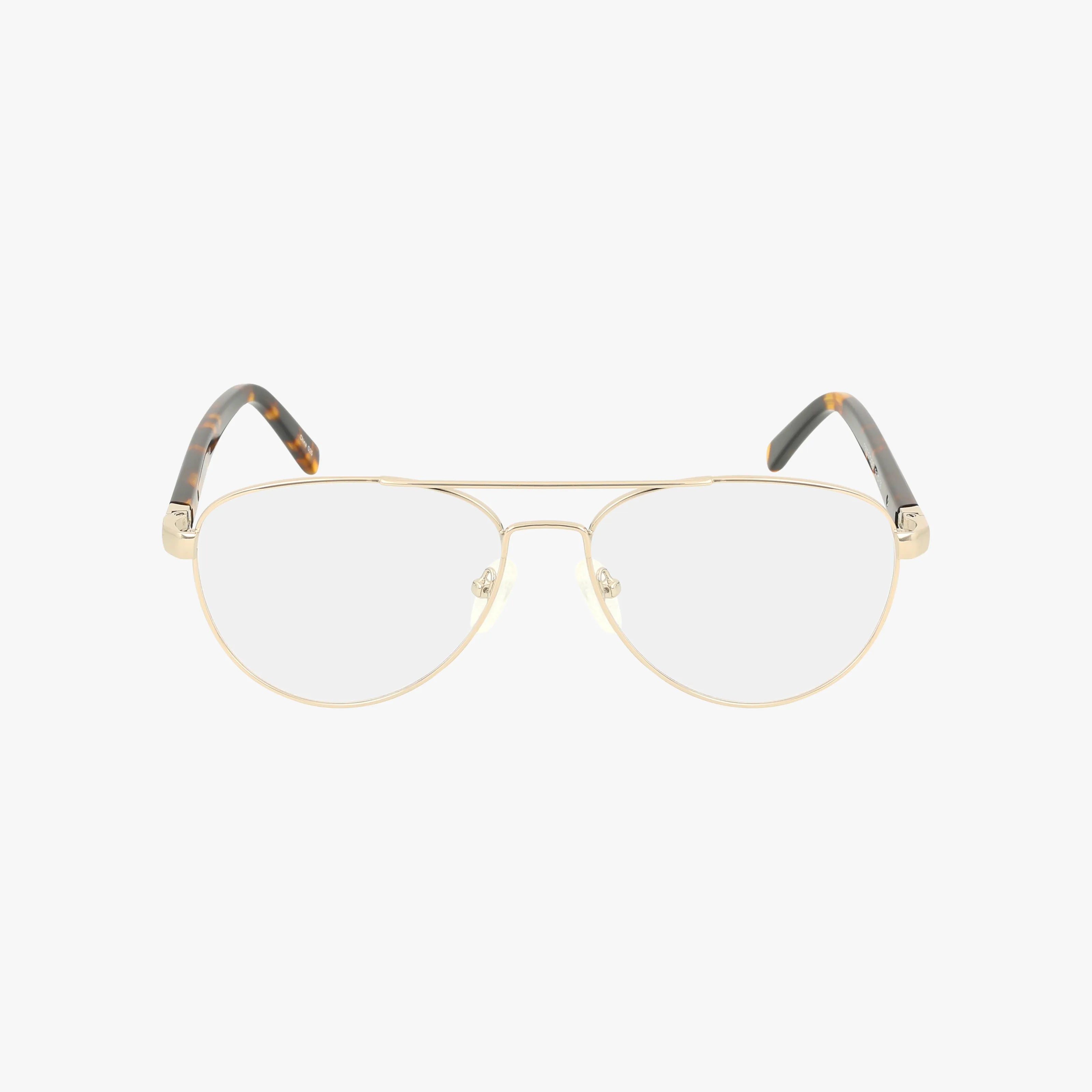 The Fregossi 670 eyeglasses feature gold aviator frames with clear lenses and dark tortoiseshell-patterned temple tips, blending classic style and modern flair against a plain white background.
