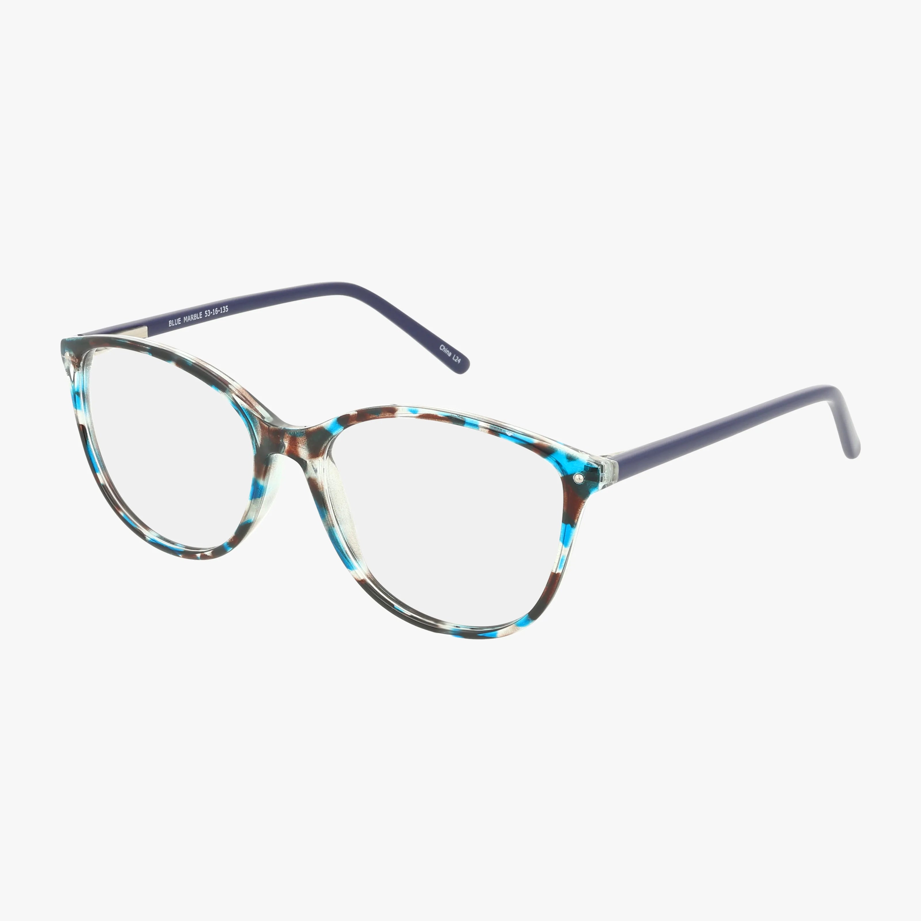 CNBCN 71 eyeglasses feature round, slightly cat-eye frames in blue, turquoise, and brown tortoiseshell on the front with solid dark blue arms, shown on a white background.