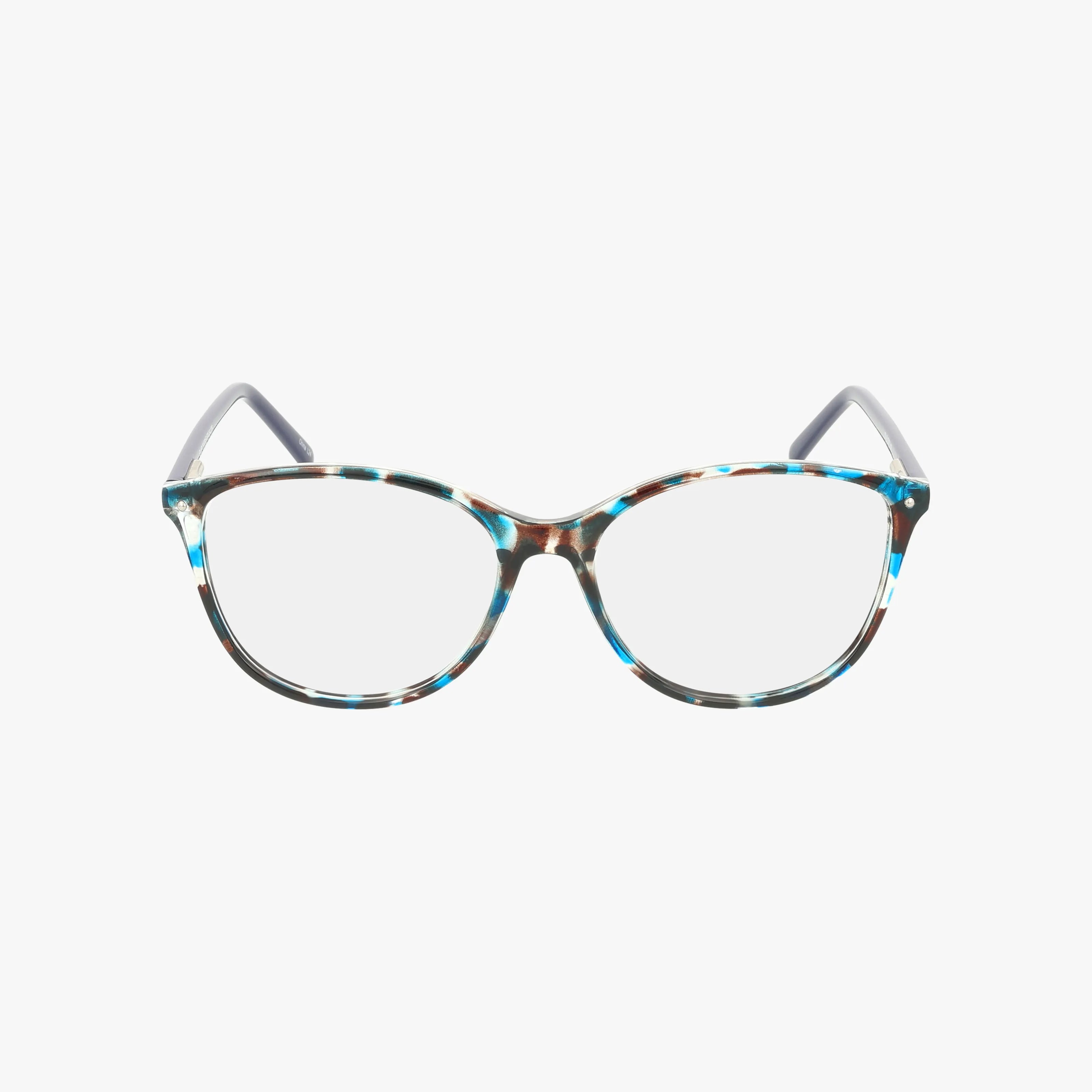 The CNBCN 71 cat-eye eyeglasses feature a durable frame with a multicolored tortoiseshell pattern in brown, turquoise, and white, shown against a plain white background.