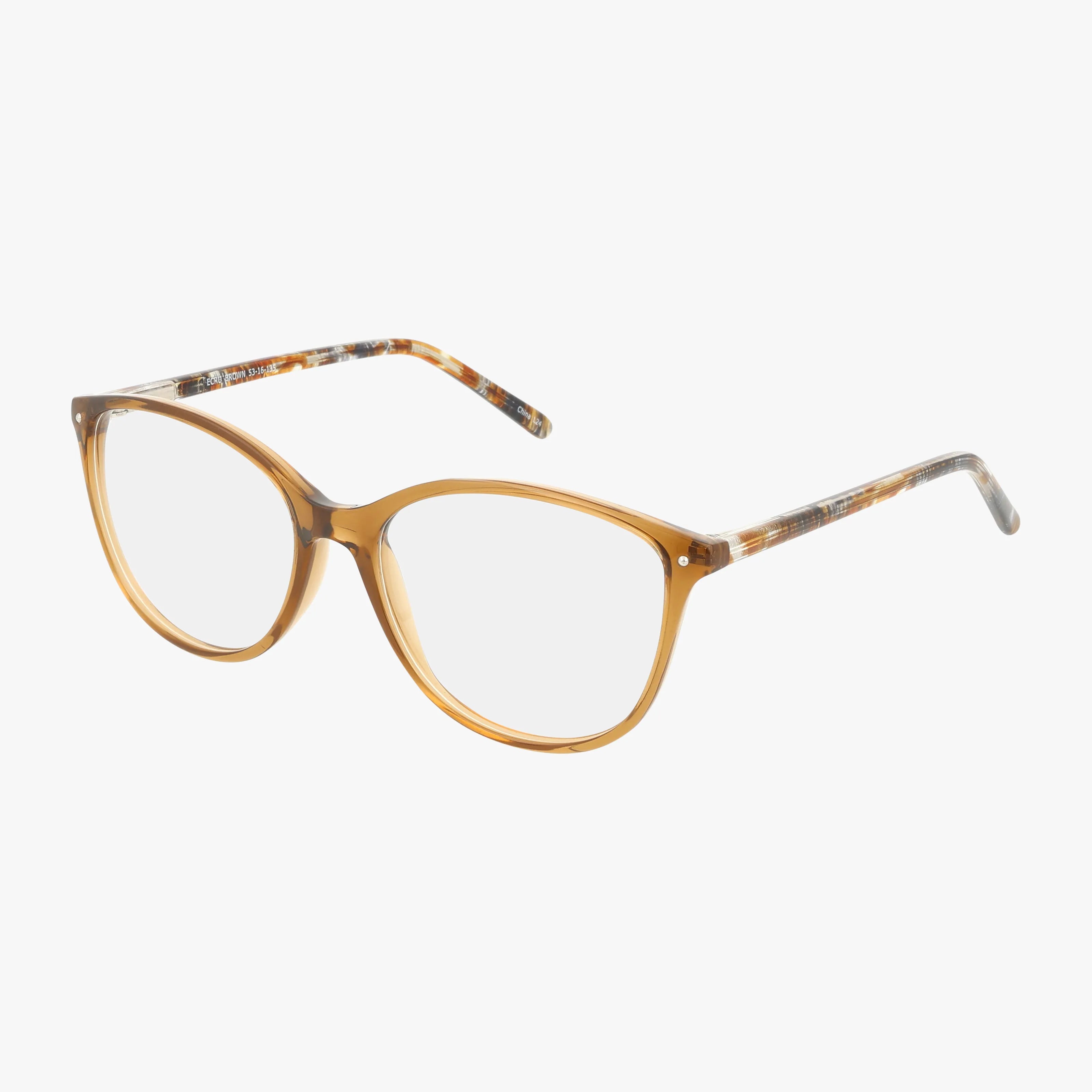 The CNBCN 71 eyeglasses feature brown translucent round lenses with thin, resilient frames and temples accented by a subtle tortoiseshell pattern at the ends—a contemporary design that pops against a white background.