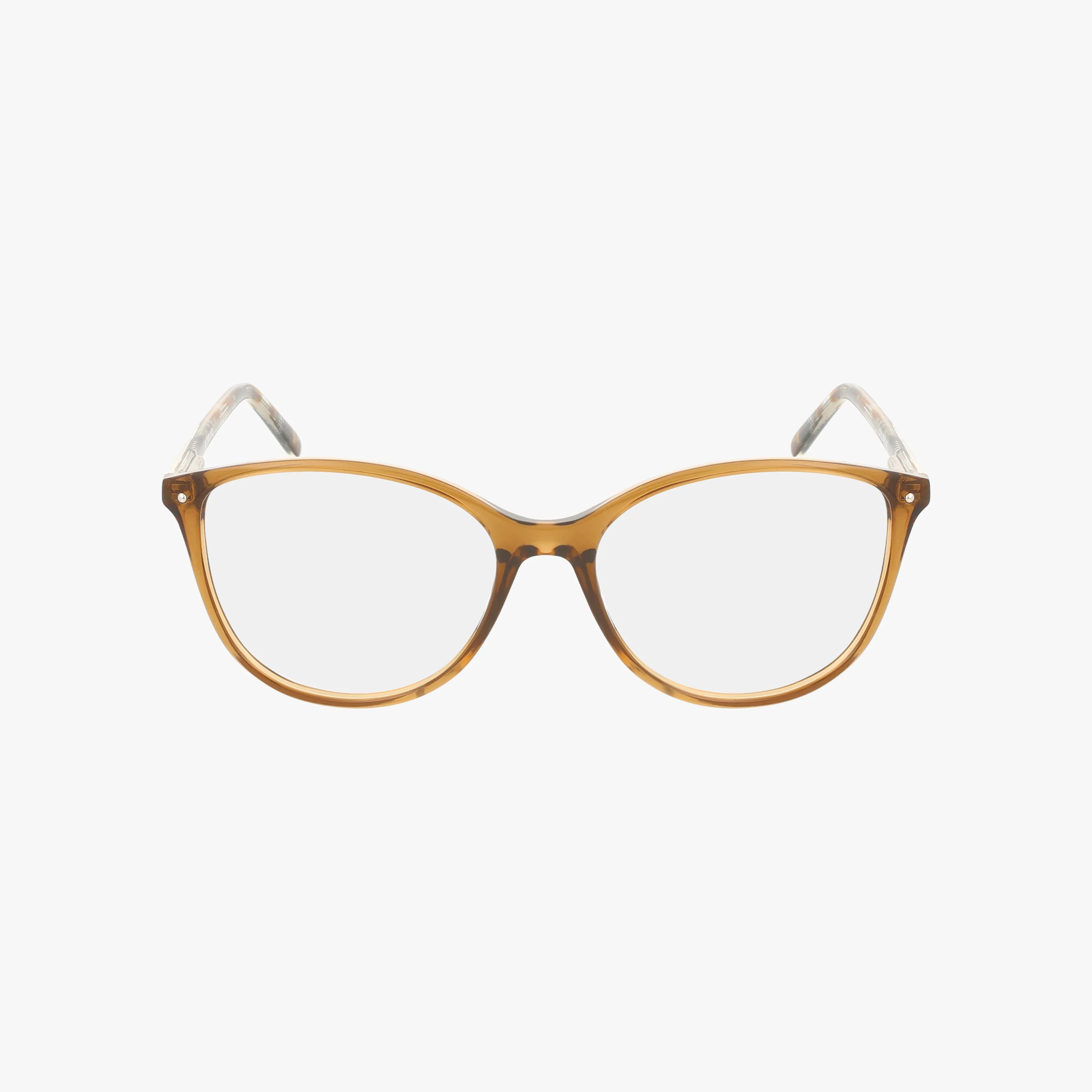 The CNBCN 71 eyeglasses feature a brown, clear-lens design with a durable frame, rounded cat-eye shape, and transparent arms, displayed on a white background.
