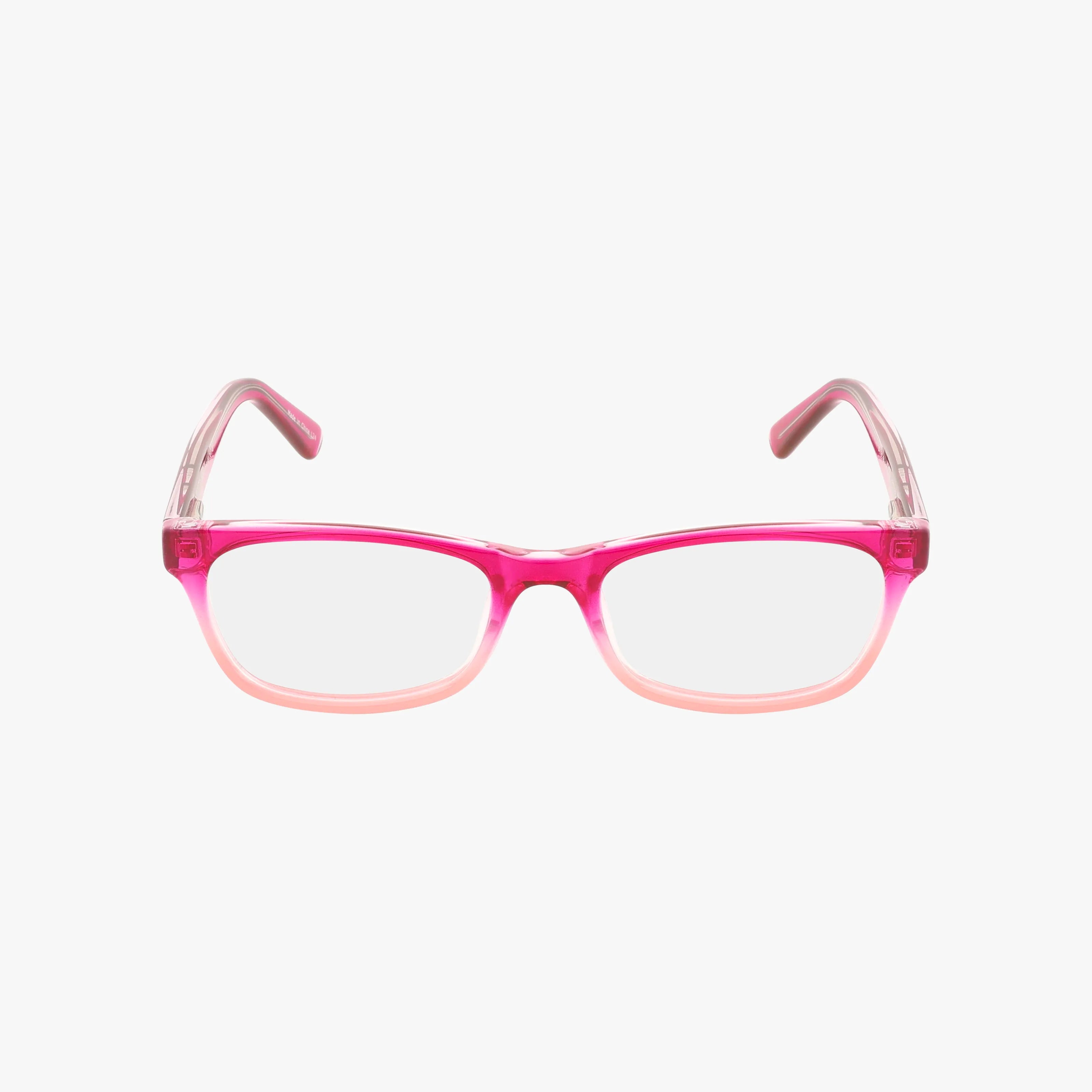 The CNBCN 72 eyeglasses feature a rectangular shape with transparent pink frames and gently curved arms, designed to help you stand out. Displayed on a plain white background.