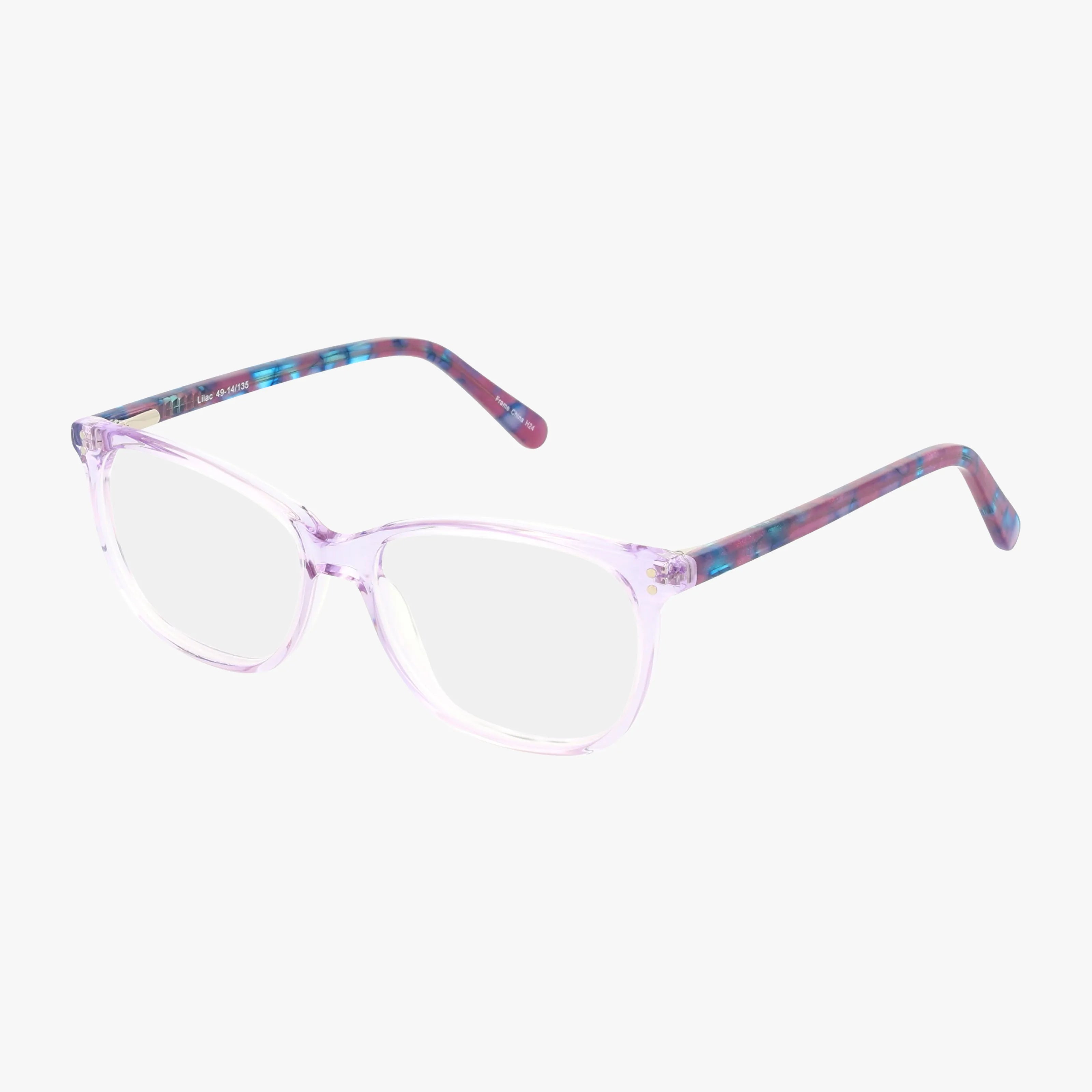 The Fregossi 320 eyeglasses in Purple Light feature clear lenses, translucent light purple frames, and blue-pink patterned arms—designed to help you stand out as the Head of the Class. Displayed on a white background.