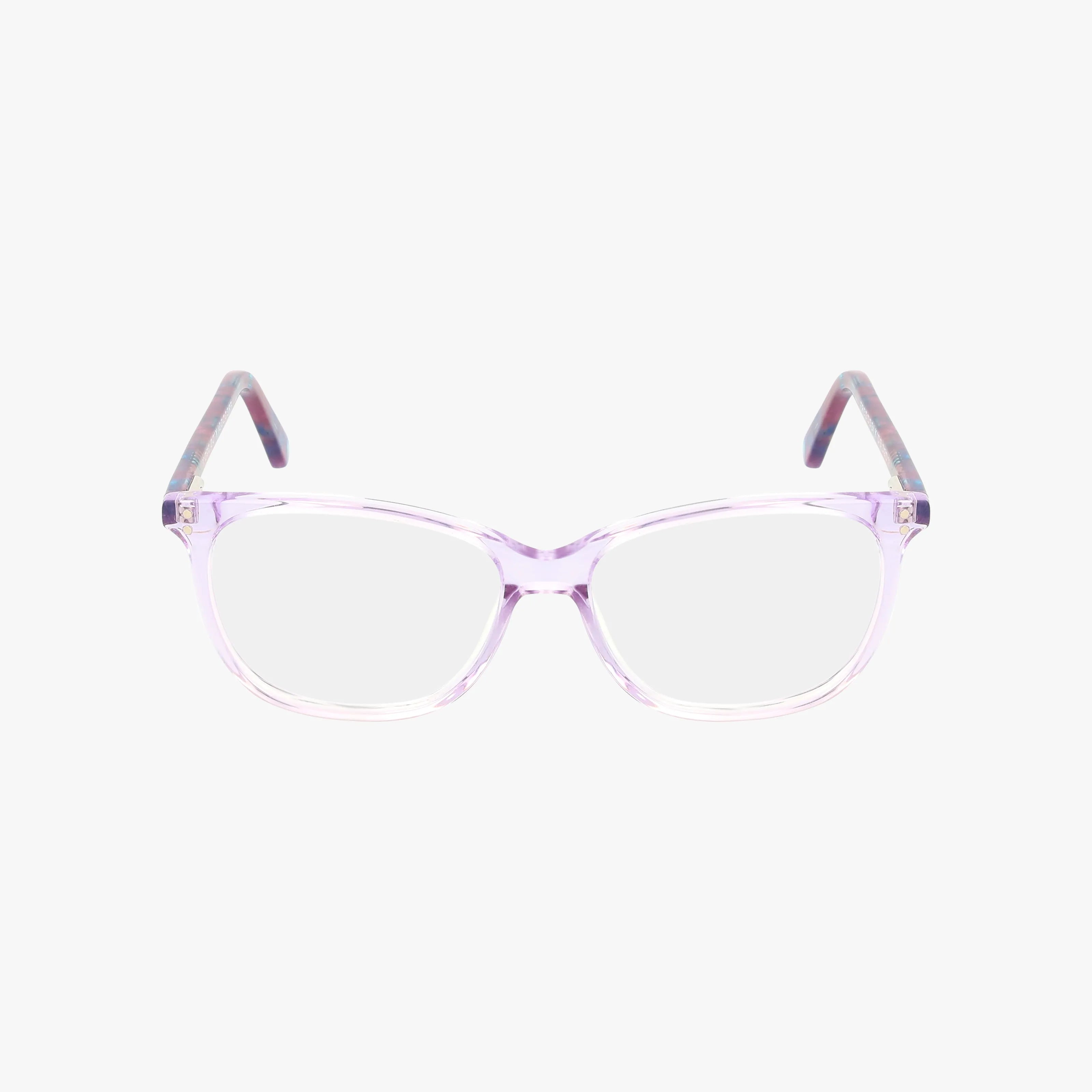 Front view of Fregossi 320 eyeglasses featuring transparent light purple frames and darker, patterned arms—an eye-catching look for the Head of the Class, displayed on a plain white background.