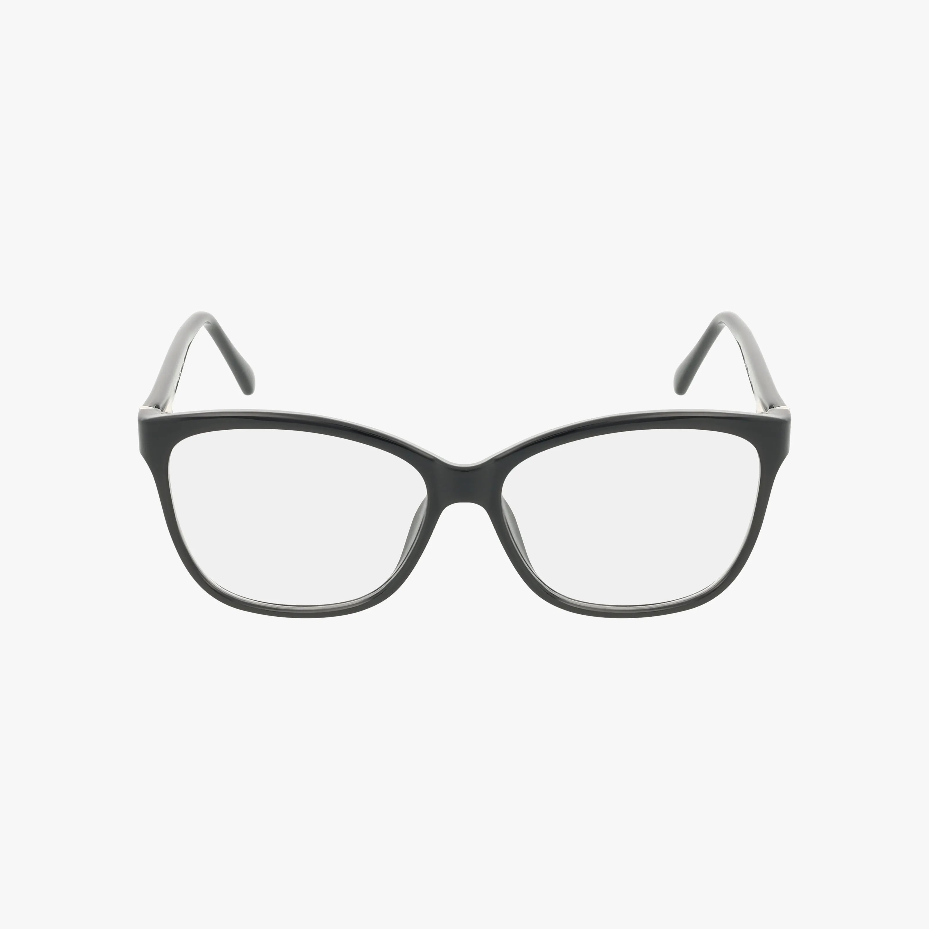 The CNBCN 77 is a pair of black rectangular fashion eyewear with clear lenses, shown from the front on a white background. Its durable frame combines style and comfort, making it perfect for everyday use.