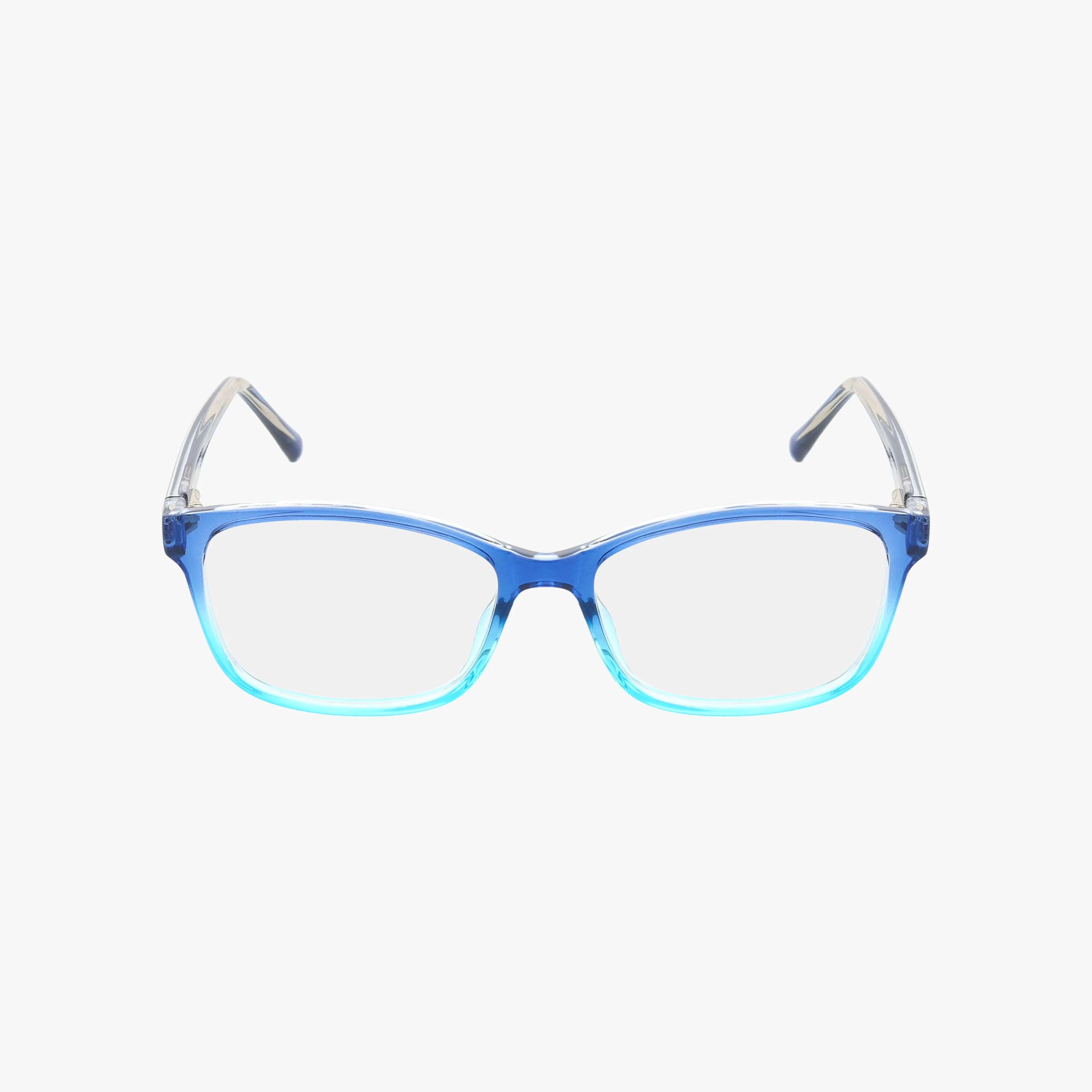 The CNBCN 78 eyeglasses feature a stylish frame with gradient blue hues transitioning from dark to light and clear temples, designed for a secure fit—shown on a white background.