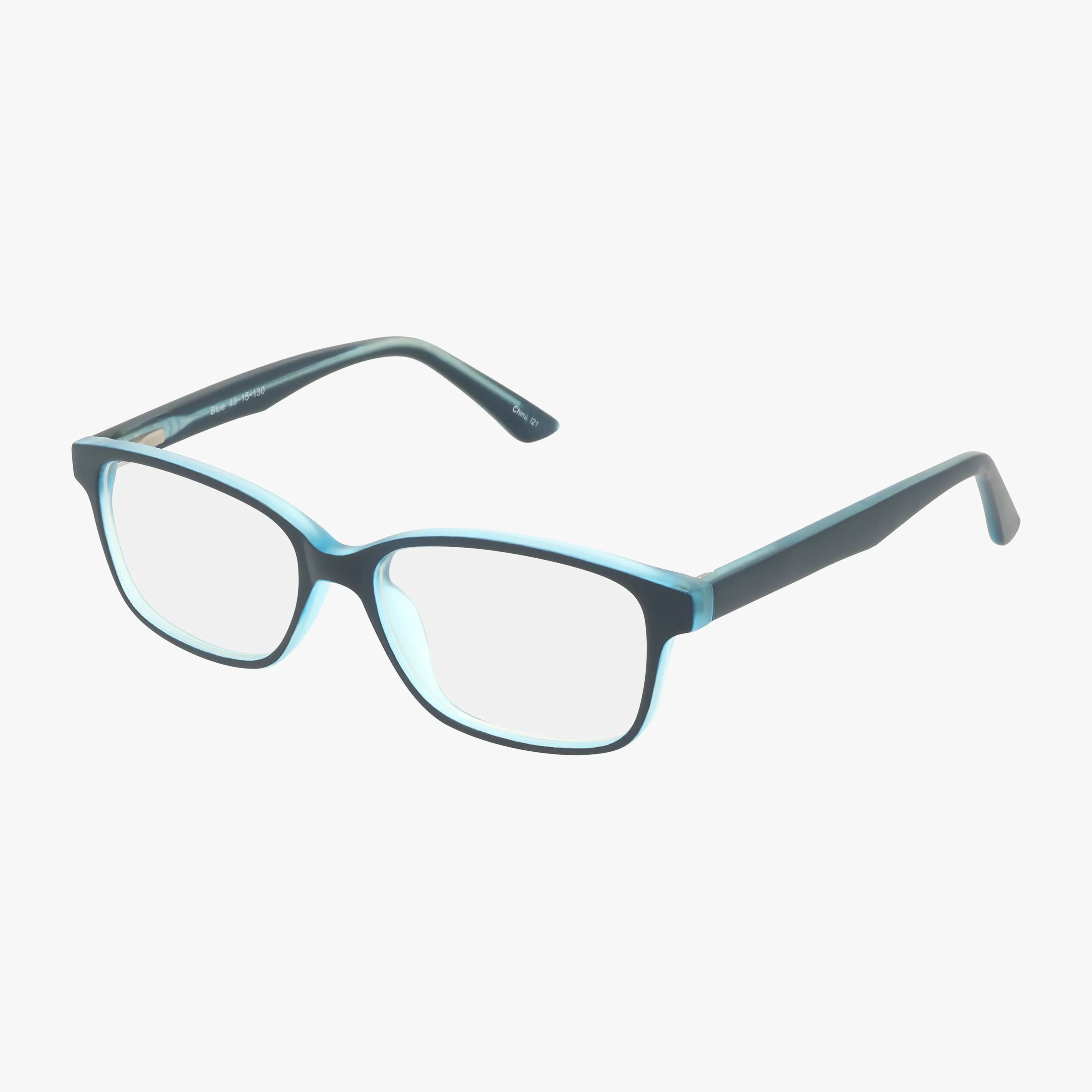 The CNBCN 79 eyeglasses feature rectangular black frames with light blue accents on the edges, offering a sharp, smart look. Displayed on a white background.