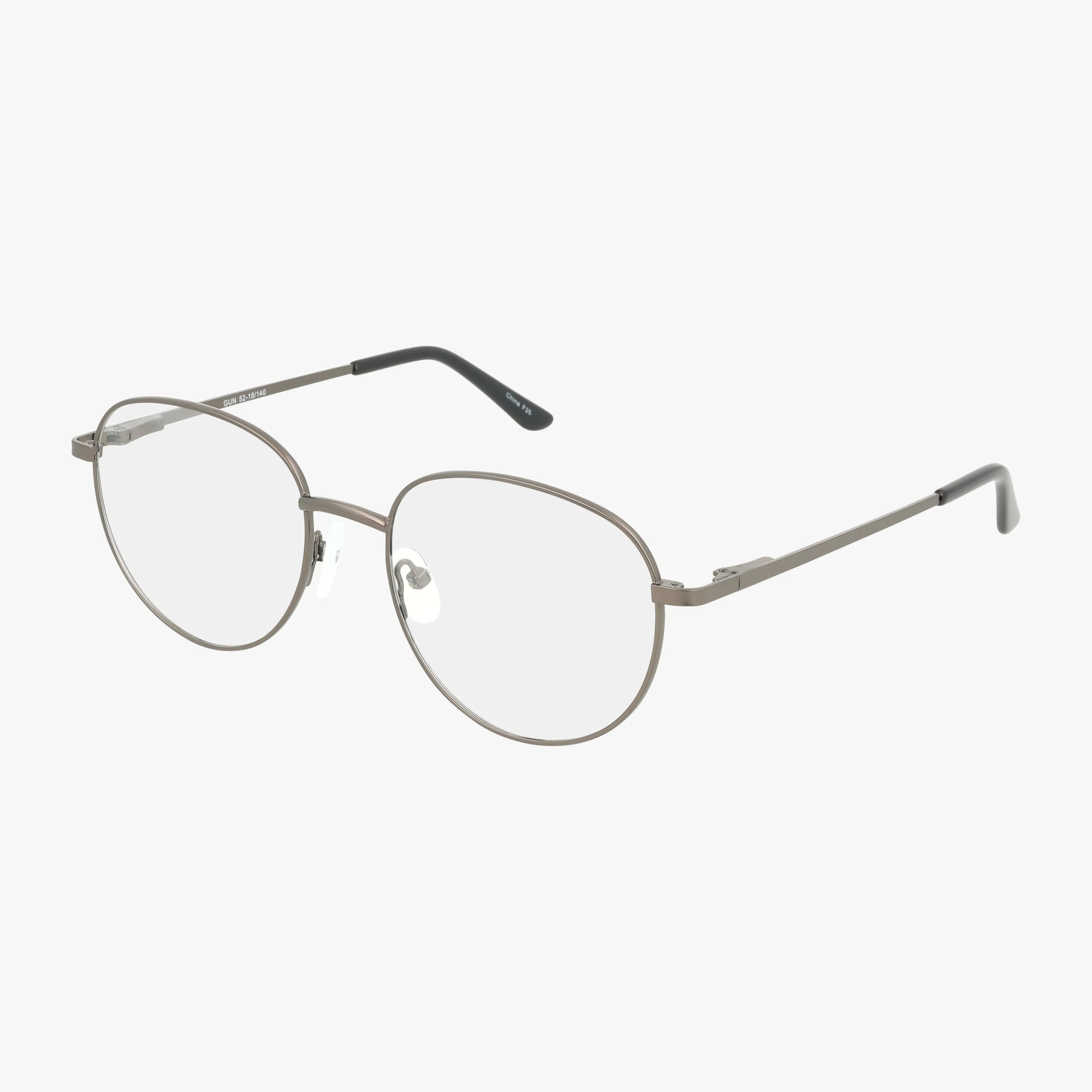 The Exclusive 230 features round gunmetal metal frames with clear lenses and black-tipped temple arms, offering a versatile look. Displayed on a white background.