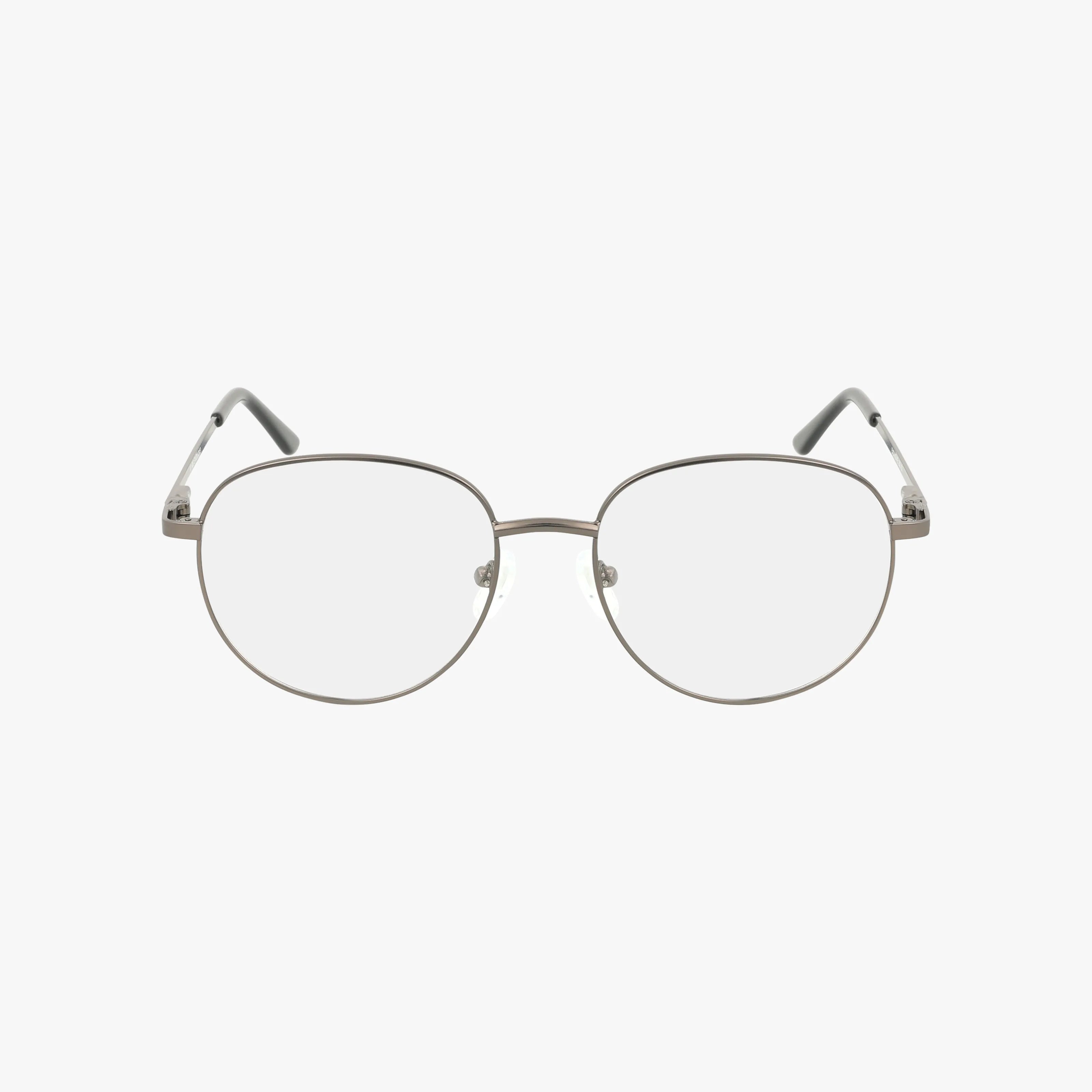 The Exclusive 230 features silver metal, round eyeglass frames with clear prescription lenses and thin, versatile design, displayed on a plain white background.