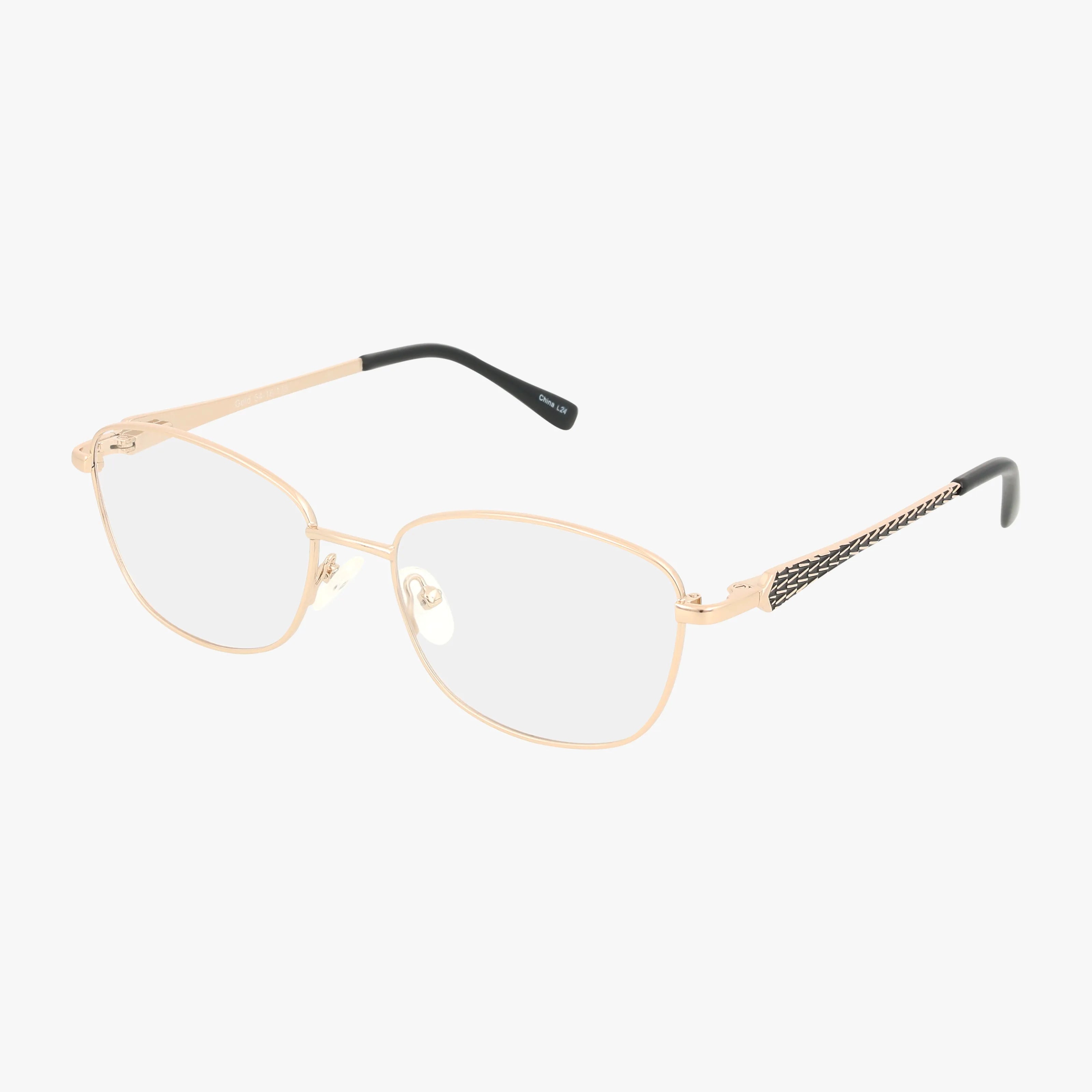 Exclusive 234 gold eyeglasses feature clear lenses, intricate arm detailing with black tips, a subtle cat-eye shape, and delicate nose pads—crafted with quality for a luxurious look against a plain white background.