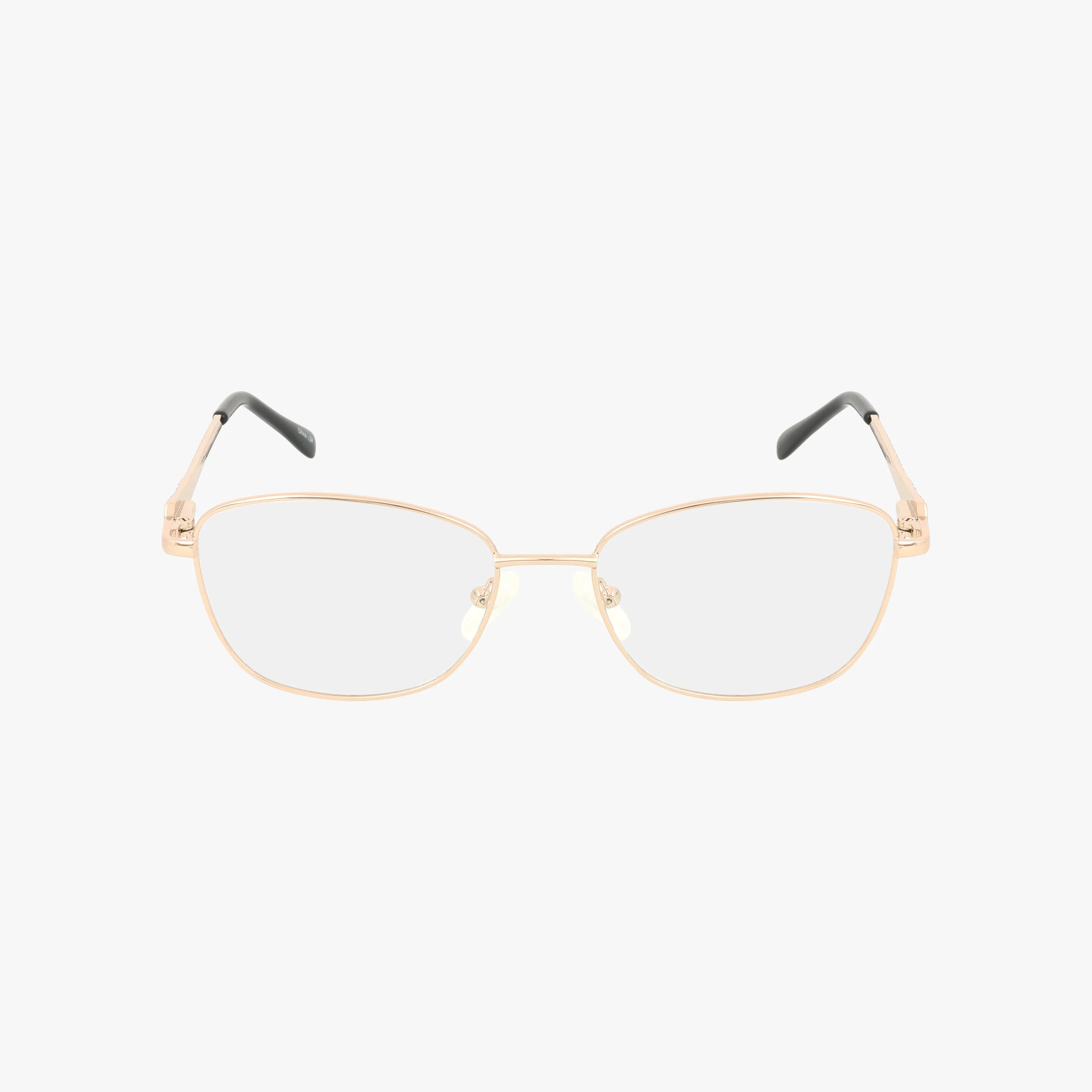 Exclusive's 234 eyeglasses feature gold metal rectangular frames with clear lenses and black-tipped arms, displaying luxury craftsmanship against a white background.
