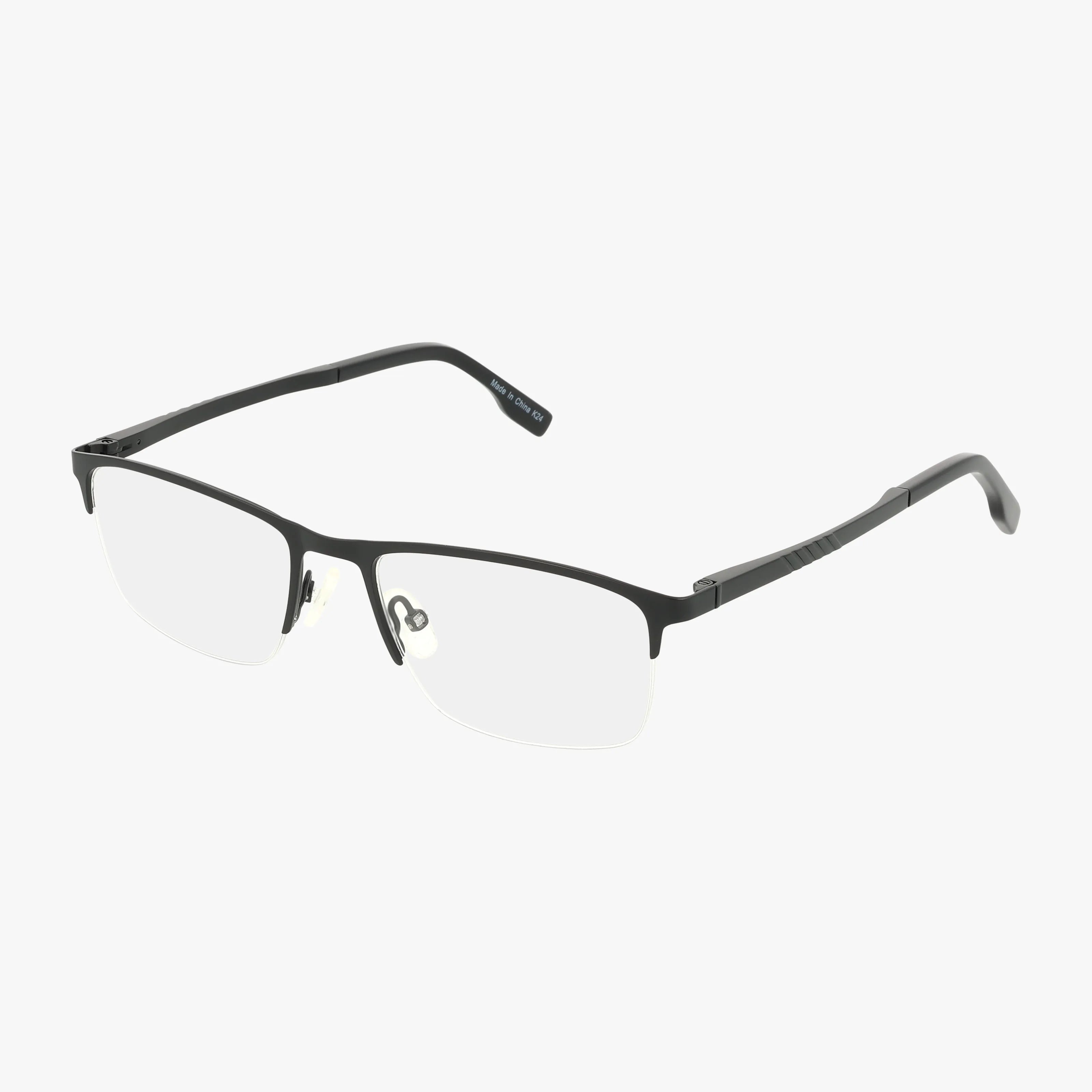 Precision 158 eyeglasses feature a black, semi-rimless rectangular frame with adjustable nose pads and lightweight design, shown on a white background.