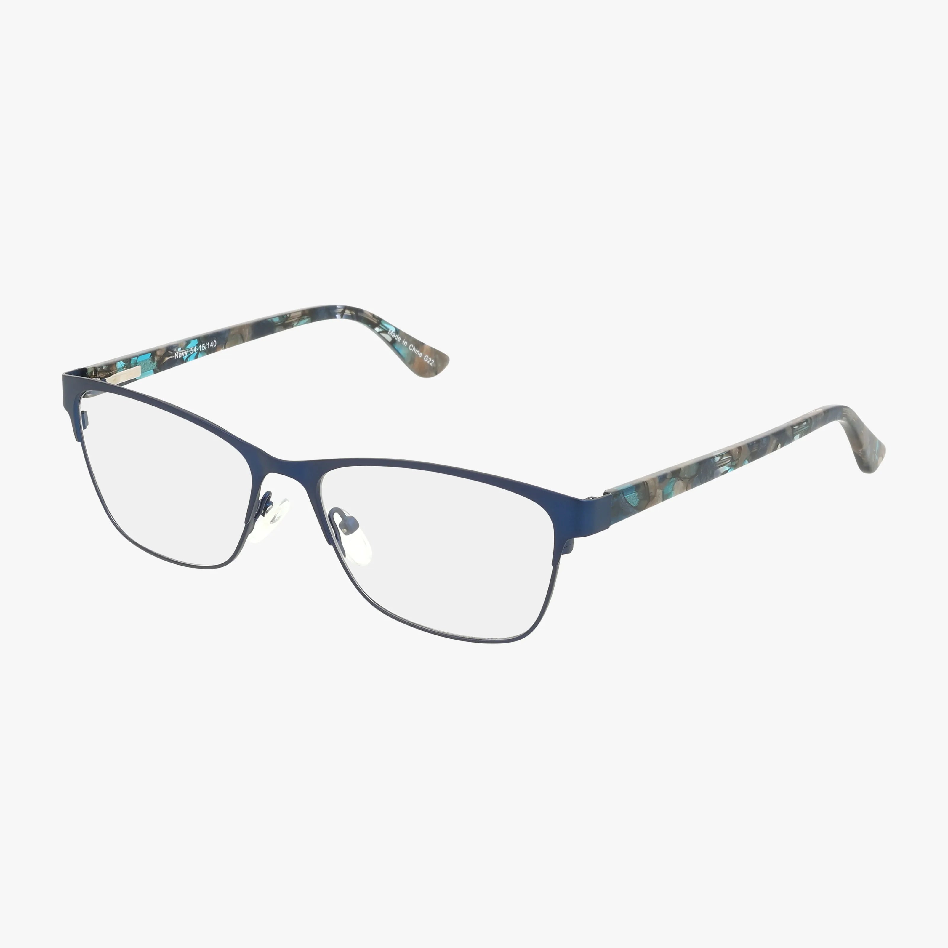 Fregossi 676 rectangular eyeglasses in Blue Dark, featuring thin metal frames and patterned acetate arms in green, brown, and white, shown on a white background.