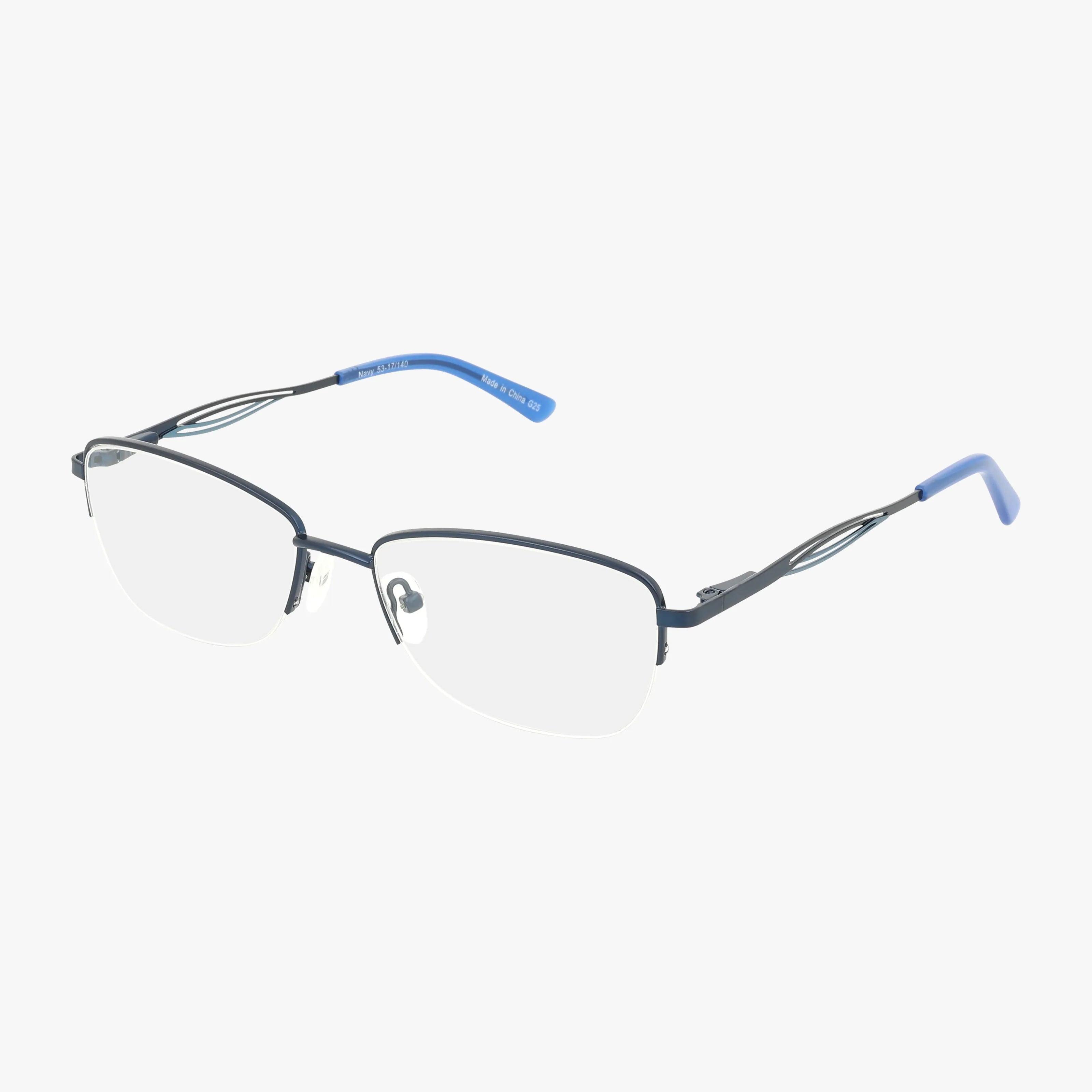 The Fregossi 678 features semi-rimless, thin dark metal frames with blue dark temple tips and clear prescription lenses, shown on a white background.