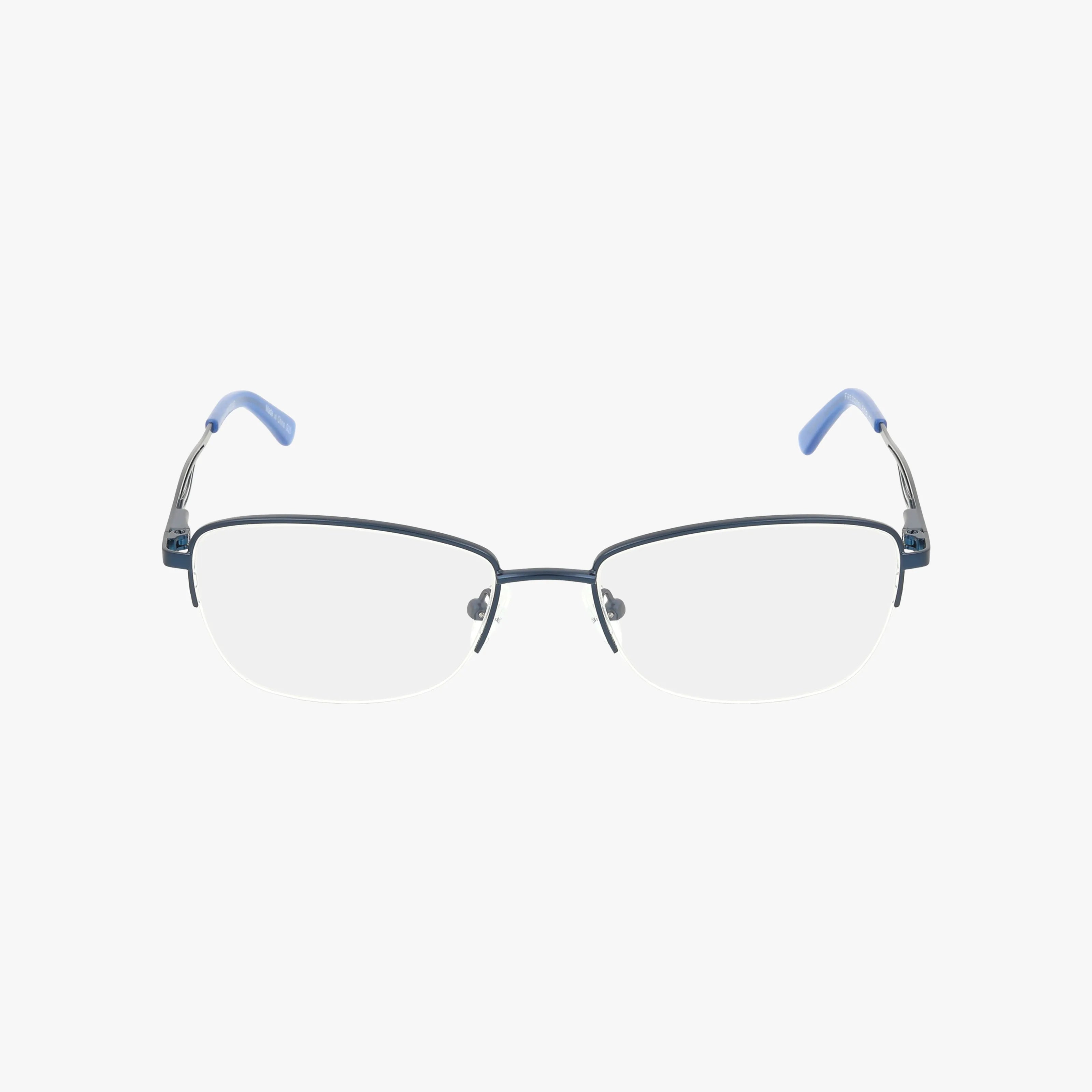 The Fregossi 678 is a pair of rectangular, rimless eyeglasses with thin dark blue metal frames and light blue arm tips, featuring a unique design, shown on a plain white background.
