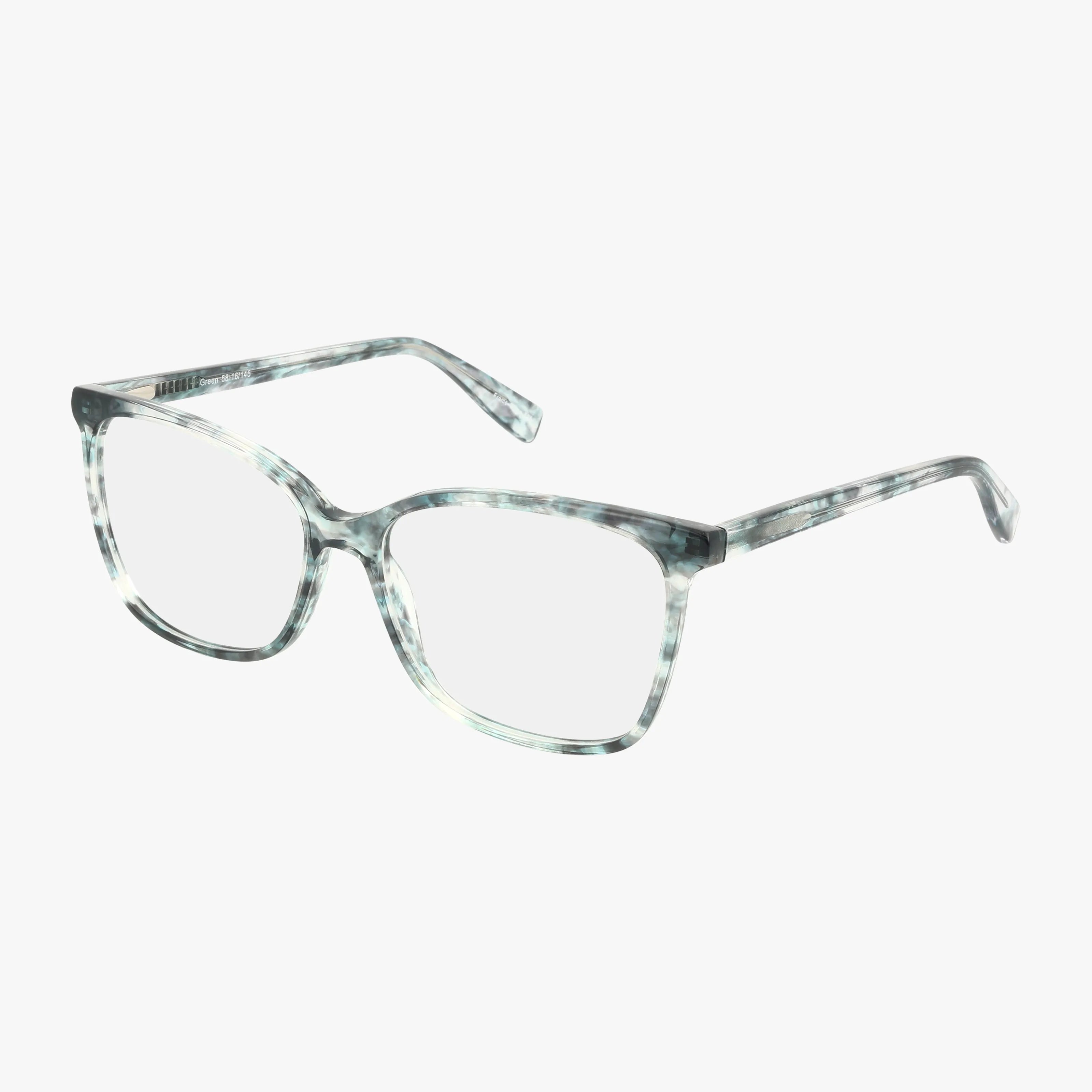 Fregossi's 1003 eyeglasses feature a rectangular, lightweight frame with a light gray and white marbled pattern, ideal for daily wear, shown on a white background.
