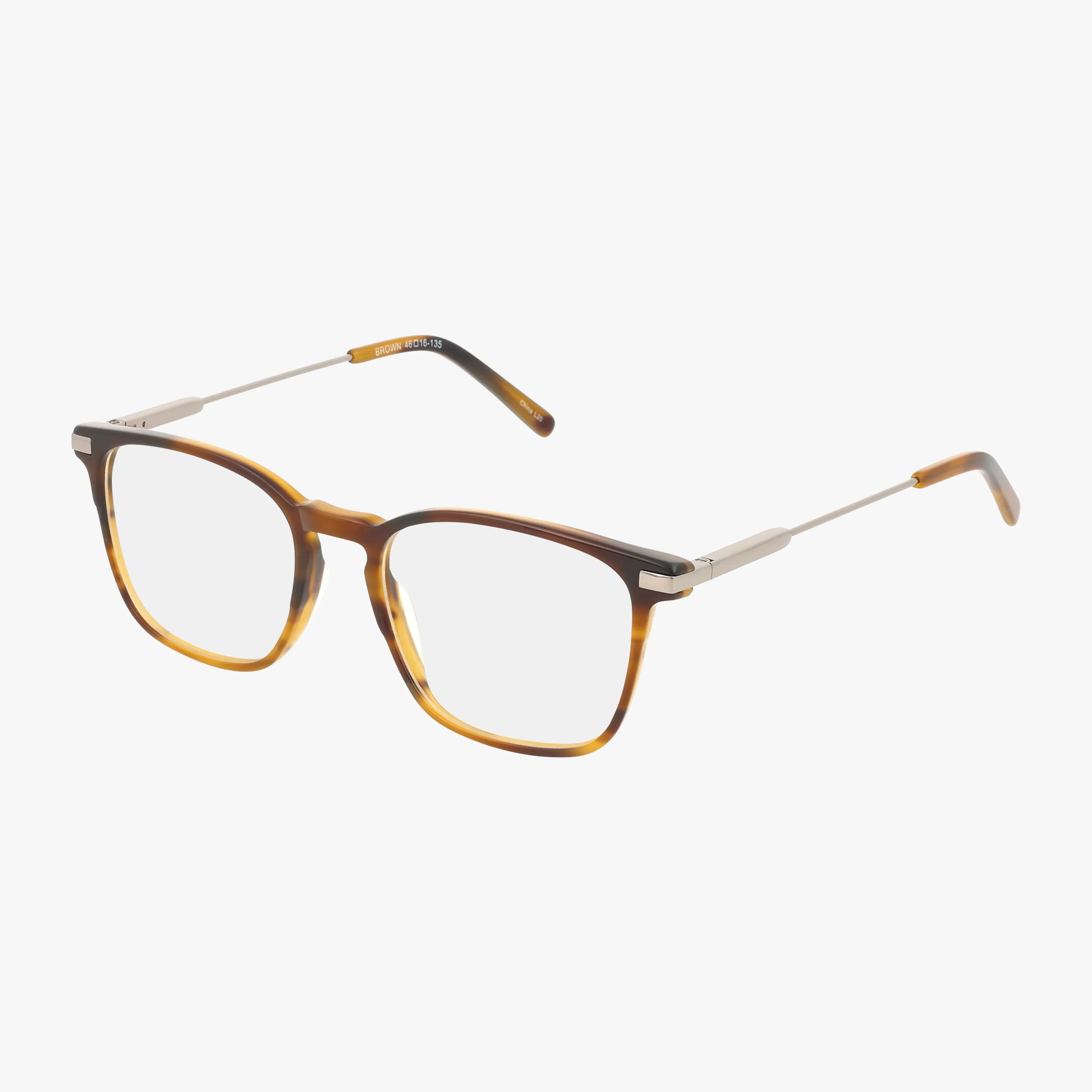 Fregossi 321 eyeglasses in brown feature a rectangular frame with metal arms and clear lenses—sharp and ideal for smart outfits or school uniforms. Displayed on a white background.