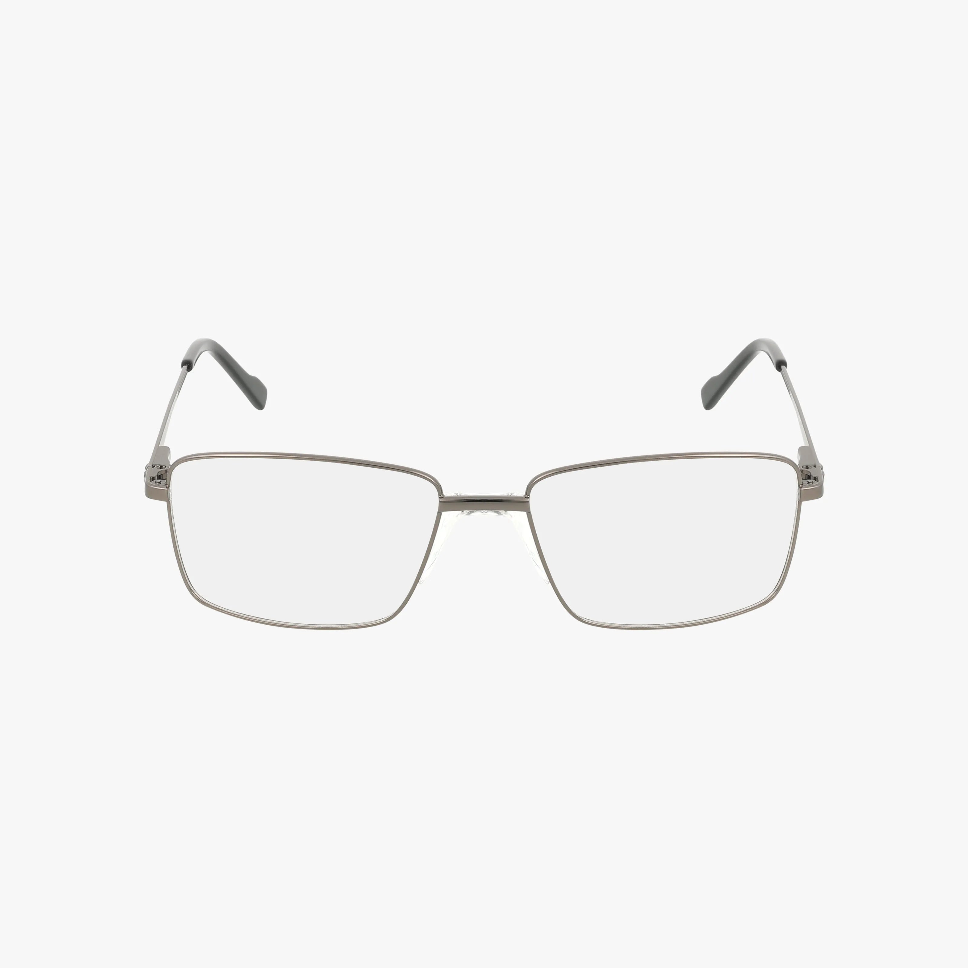 The Fregossi 680 eyeglasses feature a sleek, rectangular silver metal frame with clear lenses and black temple tips. Lightweight and versatile, these glasses are perfect for any occasion and are shown on a white background.