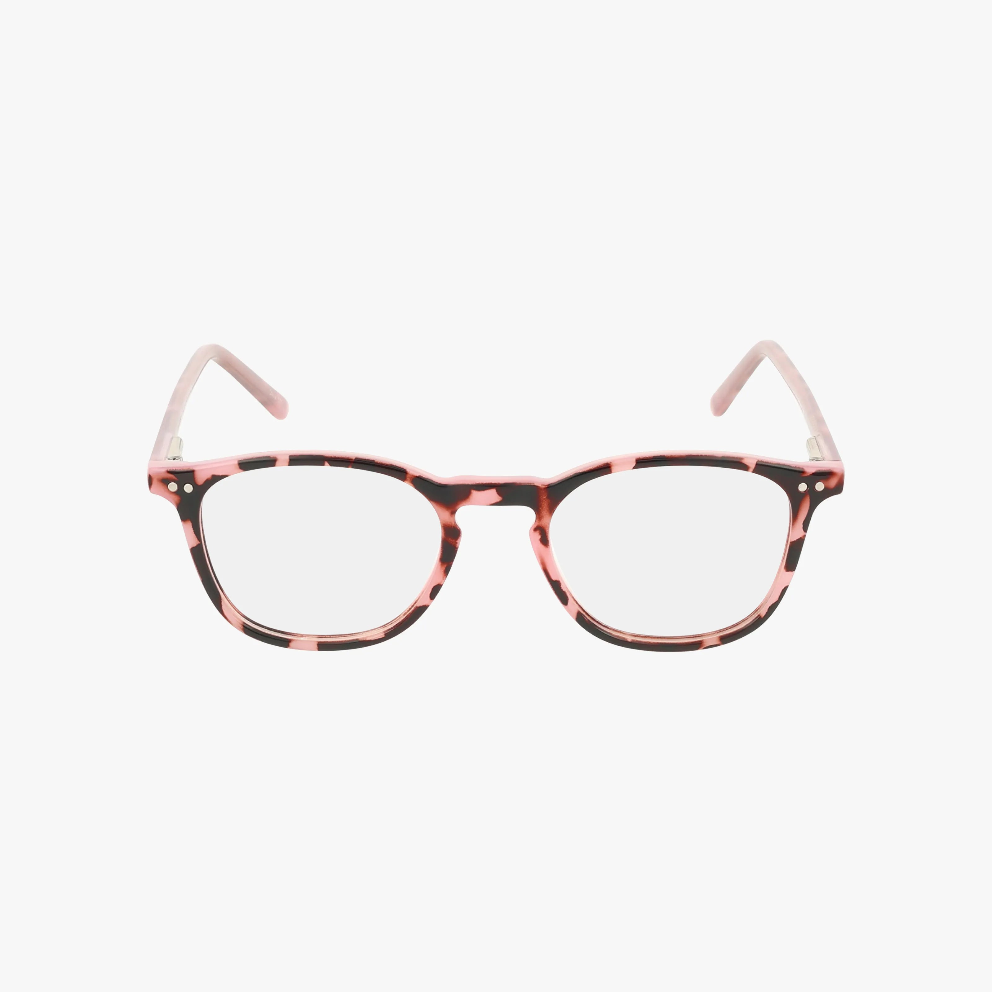 The CNBCN 85 eyeglasses feature rectangular frames in a striking pink and black tortoiseshell pattern, shown front-facing on a white background—perfect for making a bold impression.