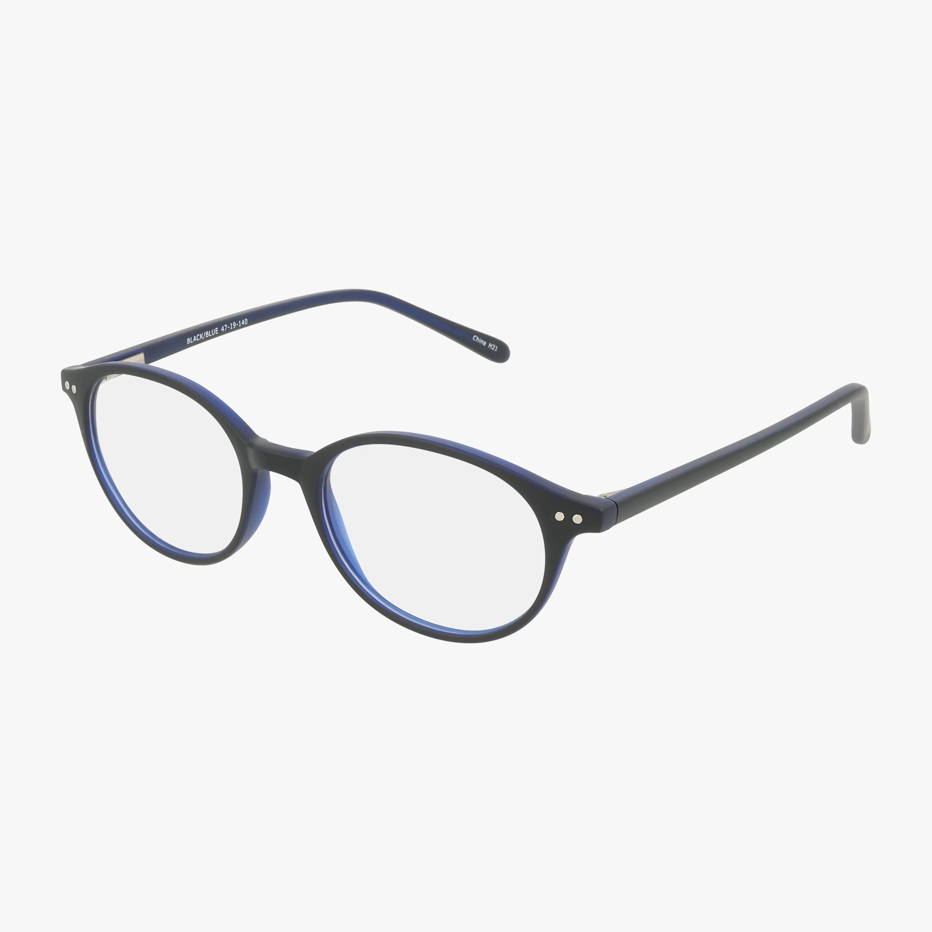 The CNBCN 86 eyeglasses feature round black blue frames with clear lenses and thin arms, ideal for a smart, sharp look. Displayed on a white background.