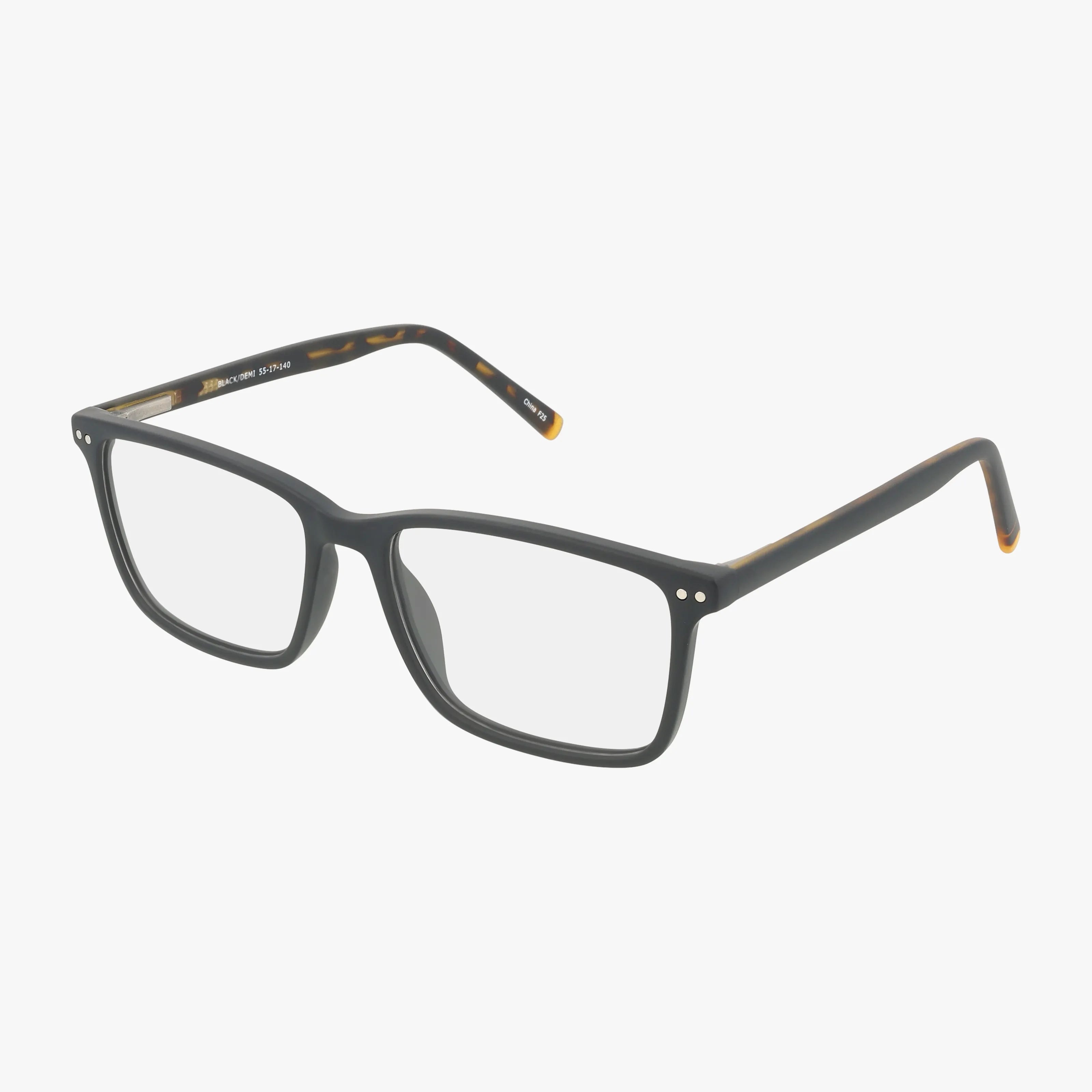 CNBCN 89 black rectangular eyeglasses feature clear lenses, subtle yellow accents on the temple tips, and two silver dots at each front corner, combining bold style with daily comfort. Shown on a white background.