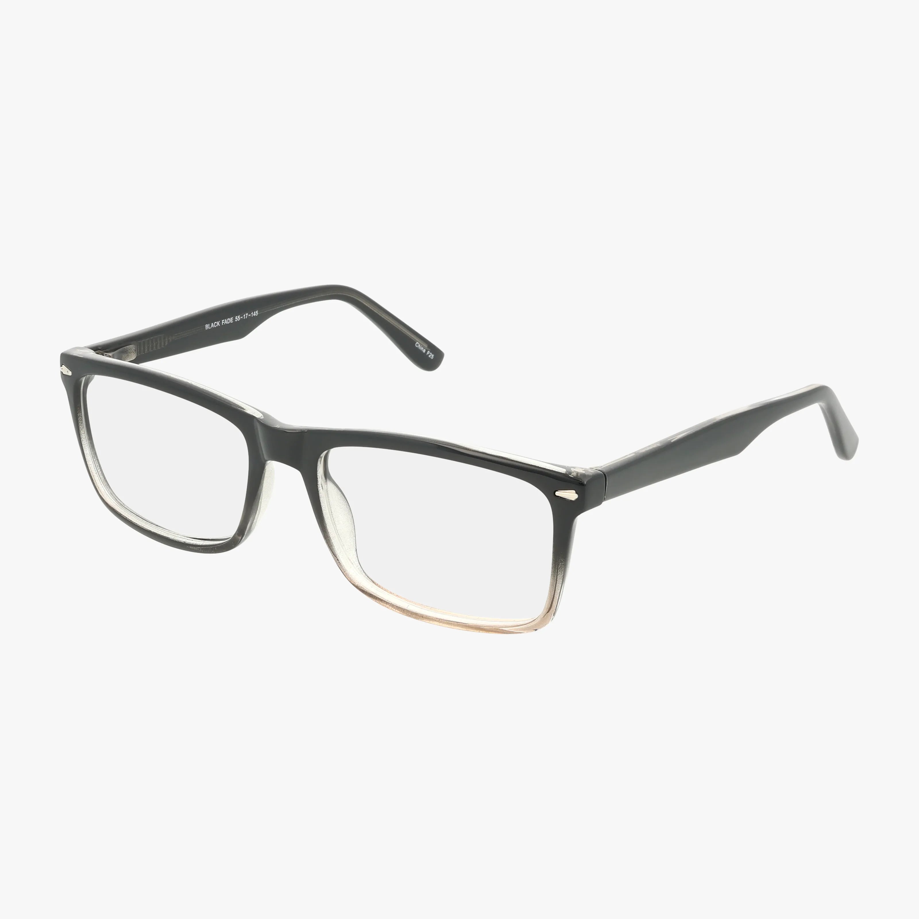 The CNBCN 81 eyeglasses feature a classic rectangular frame, blending black at the top into clear below for timeless style and modern appeal, showcased on a plain white background.