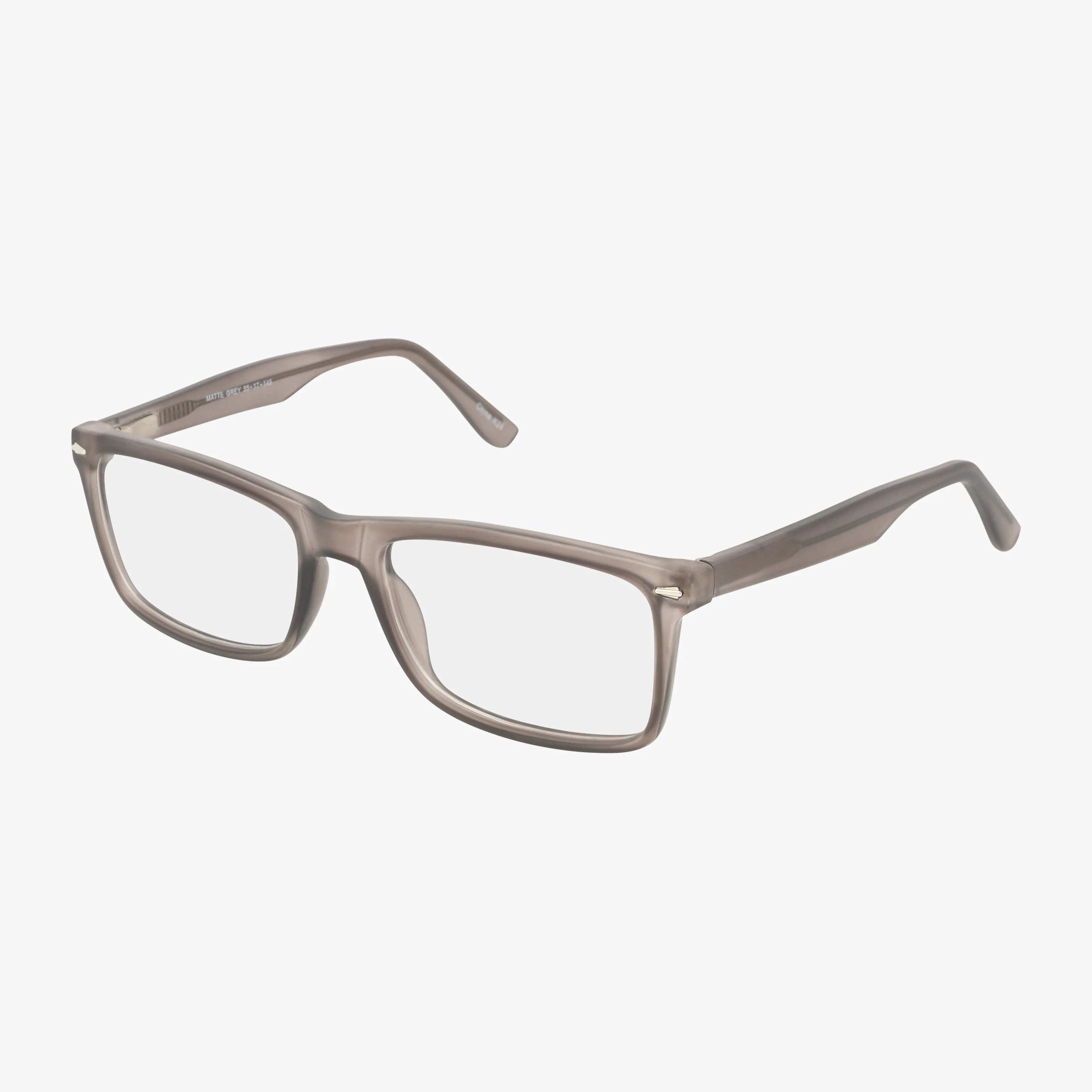 The CNBCN 81 features translucent gray rectangular eyeglasses with a slightly thick, classic frame and clear lenses, displayed on a white background for timeless style.