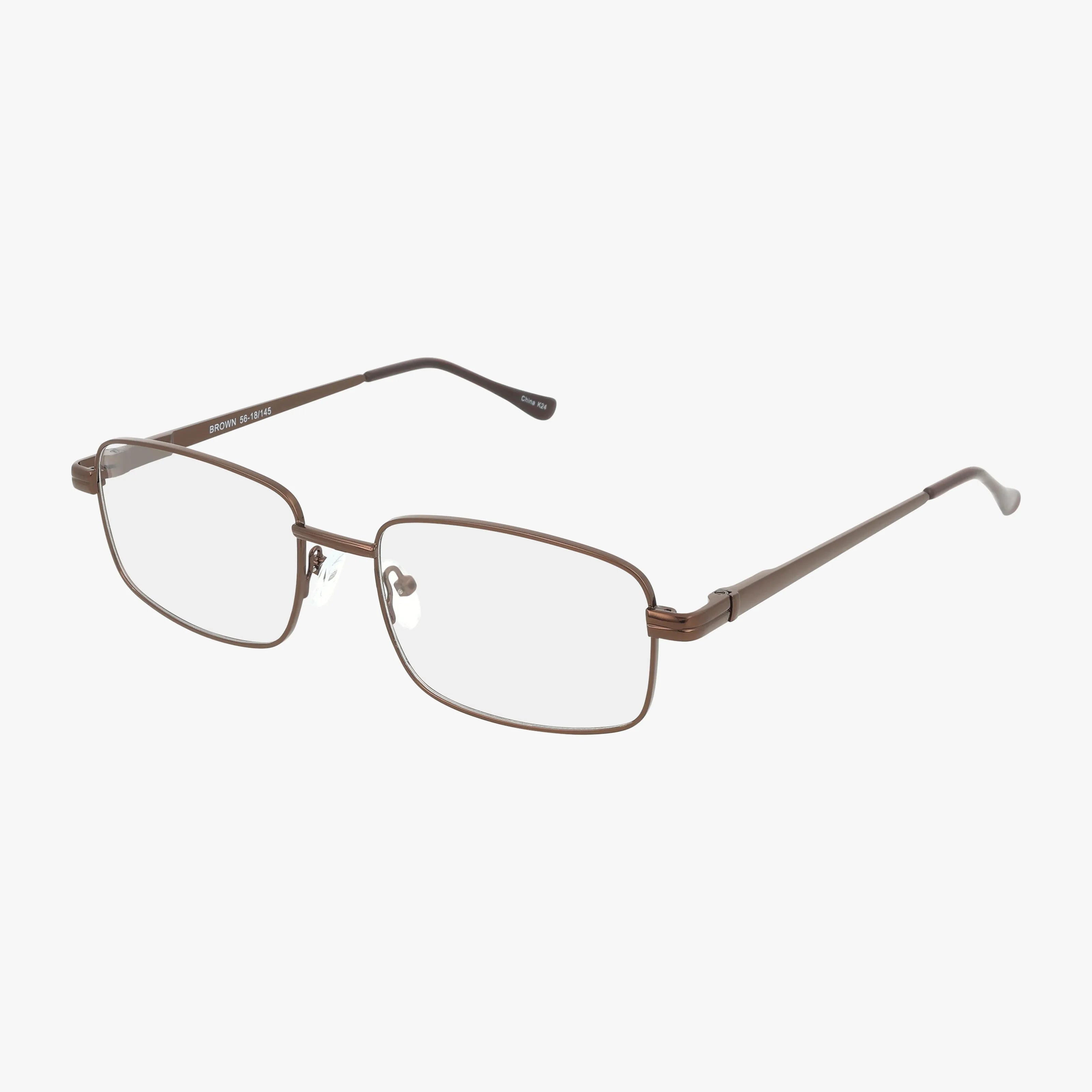 The Exclusive 245 eyeglasses feature a stylish, rectangular brown metal frame with clear lenses, straight arms, and adjustable nose pads, showcased on a white background.