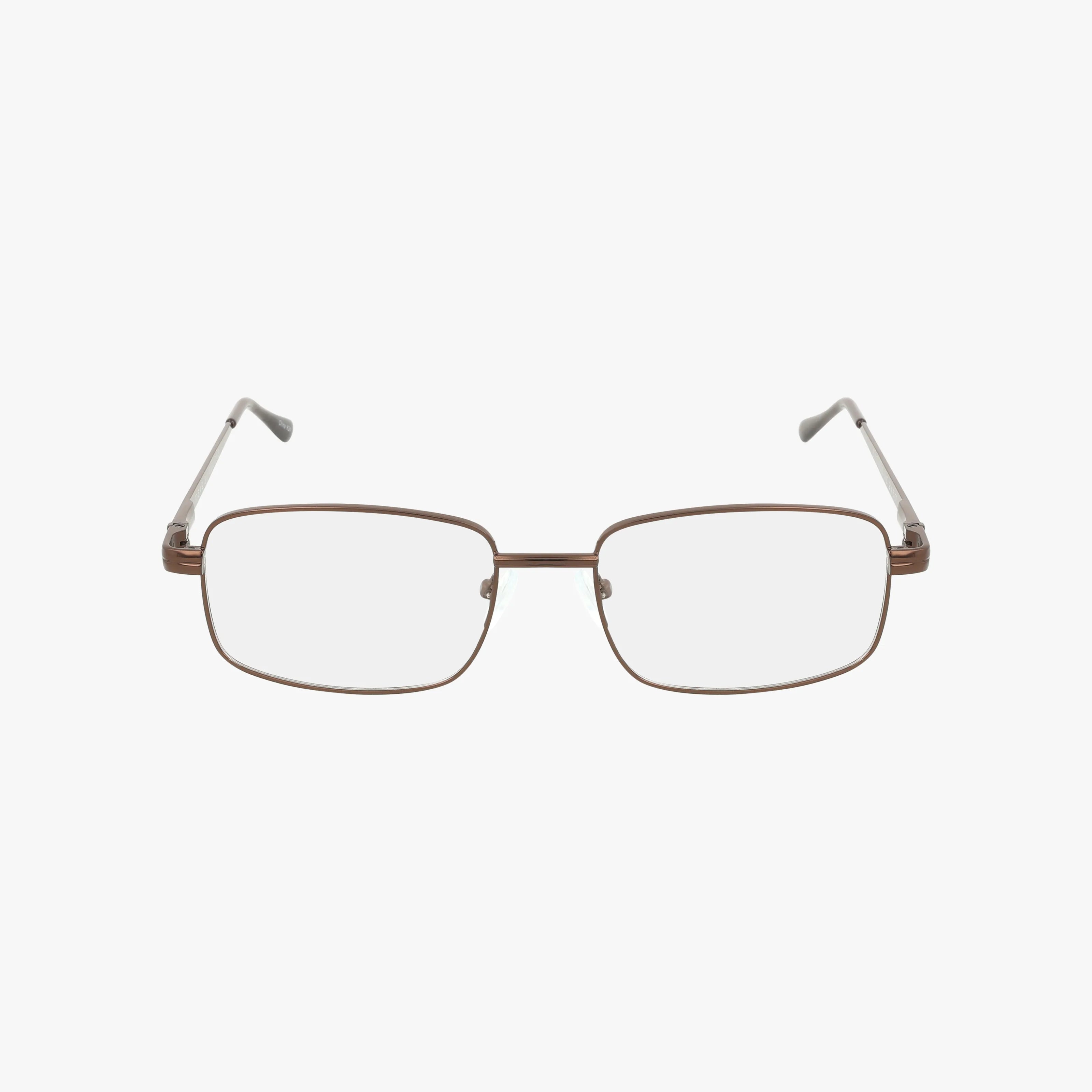 Exclusive's 245 model features rectangular eyeglasses with a stylish, thin brown metal frame and clear lenses, all set against a plain white background.