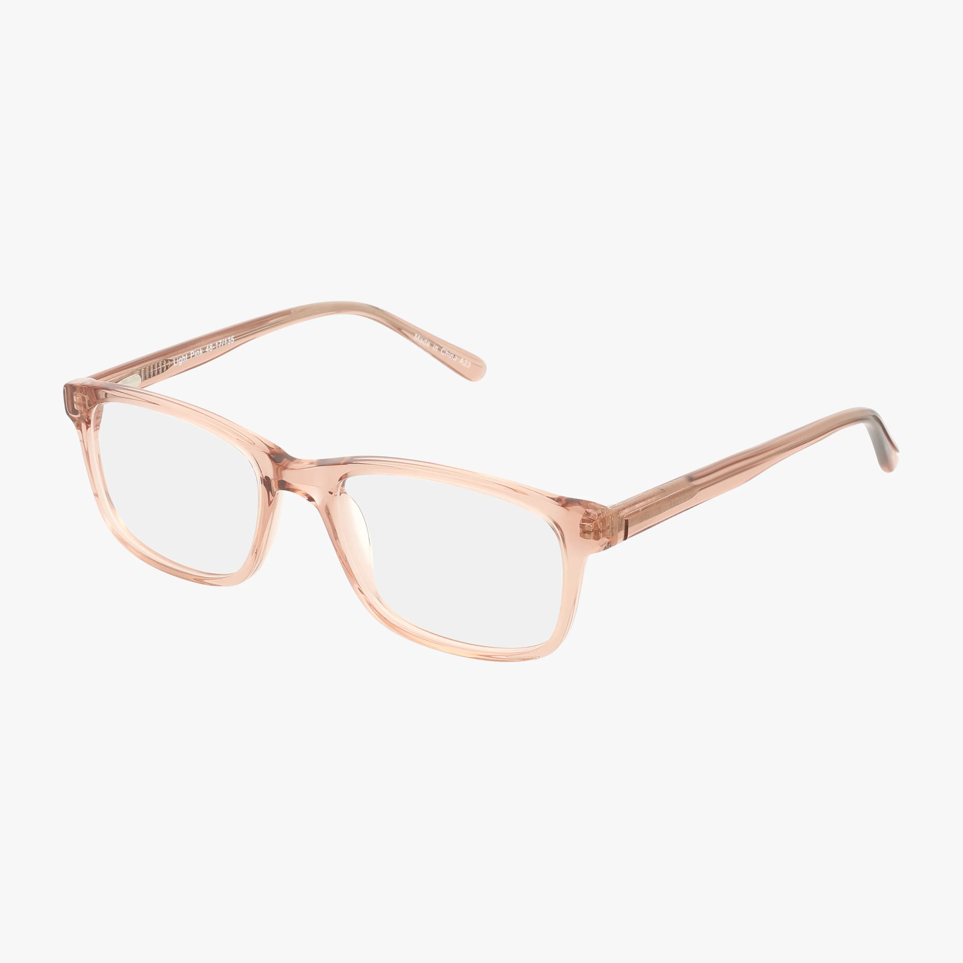Fregossi 327 eyeglasses in Pink Light feature clear rectangular frames and arms, designed to make you stand out. Displayed on a white background, these glasses put you at the Head of the Class in style.