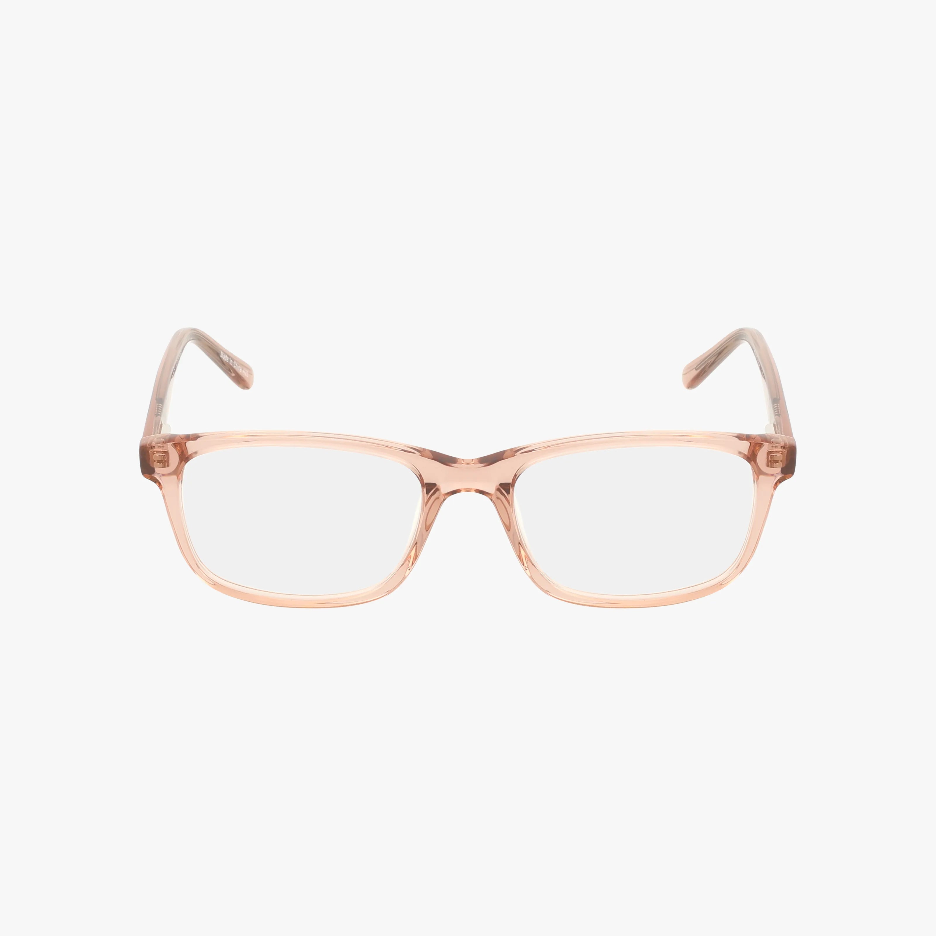 The Fregossi 327 features clear pink rectangular eyeglasses with a translucent frame, shown on a plain white background. Facing directly forward, these glasses give you that smart "Head of the Class" style.