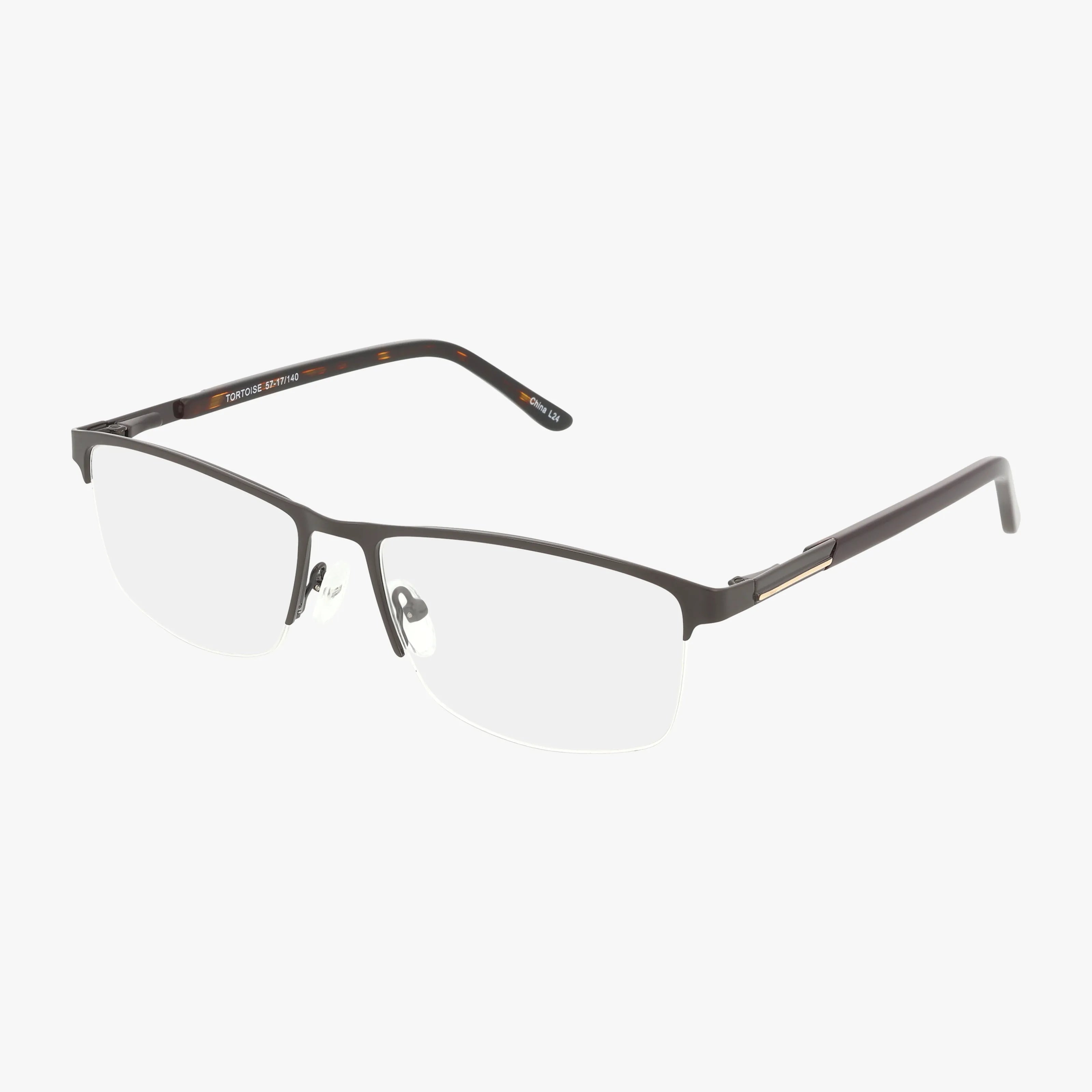 The Fregossi 694 features semi-rimless, rectangular tortoise frames with thin metal design, clear blue light lenses, adjustable nose pads, and lightweight black temple arms.