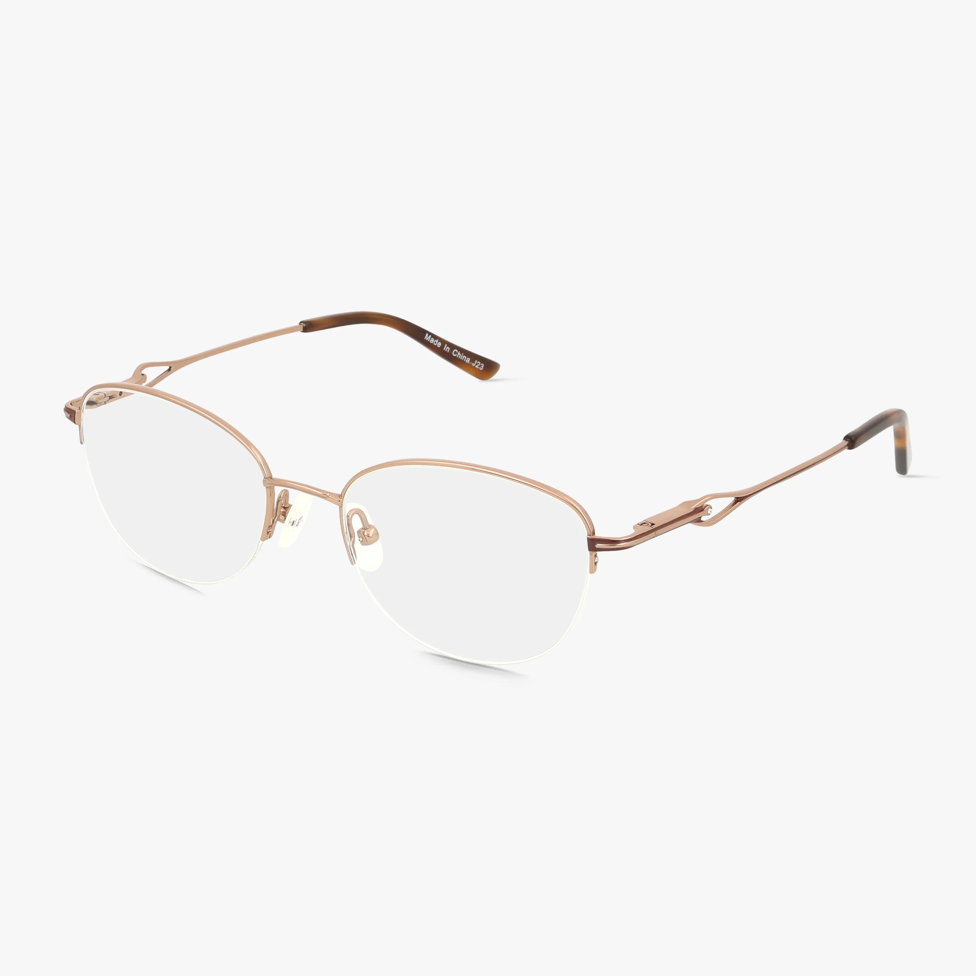 The Precision 500 eyeglasses feature thin, rose gold semi-rimless metal frames with clear prescription lenses and a subtle design on the arms. Lightweight and minimalist, they stand out against a plain white background.