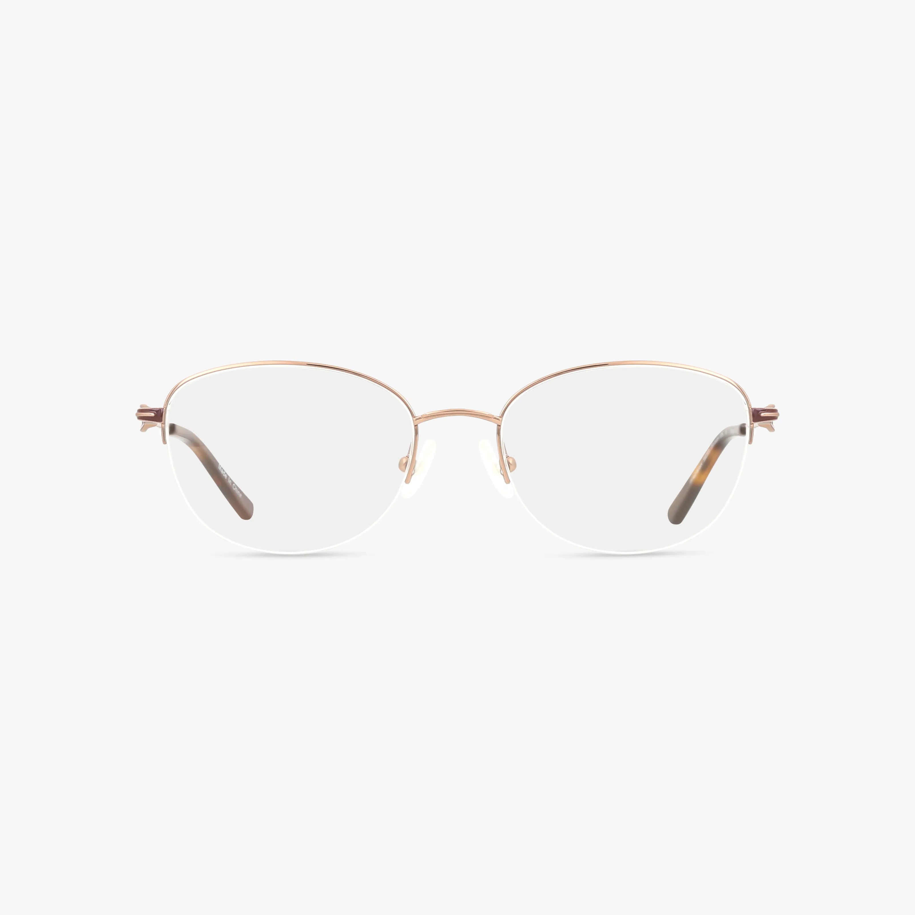 The Precision 500 rimless eyeglasses feature a minimalist frame, thin gold metal arms, and clear nose pads, shown against a plain white background.