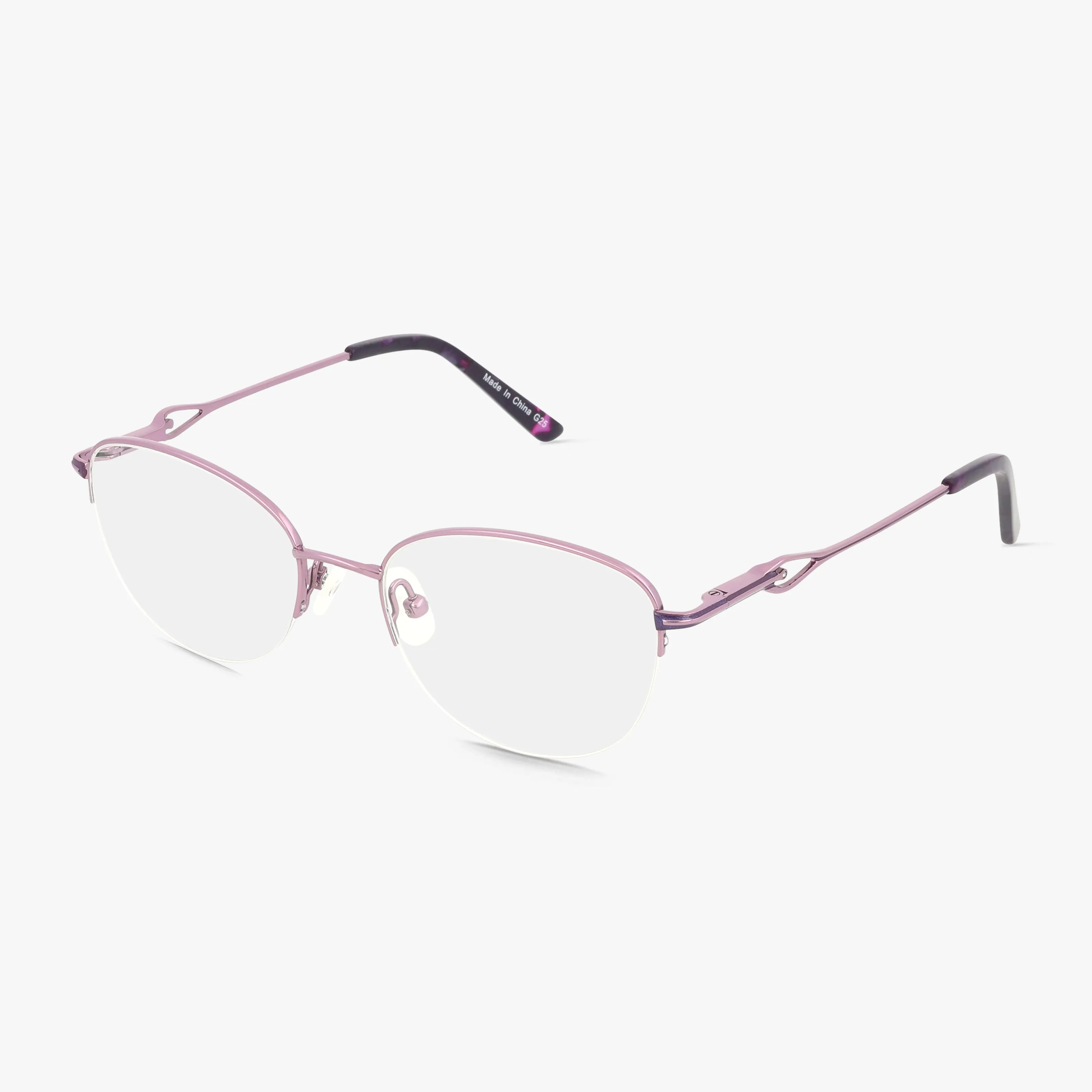 Precision 500 semi-rimless eyeglasses feature thin, lightweight light purple metal frames and temples with decorative cut-out details and black arm tips. Clear lenses enhance the minimalist design.