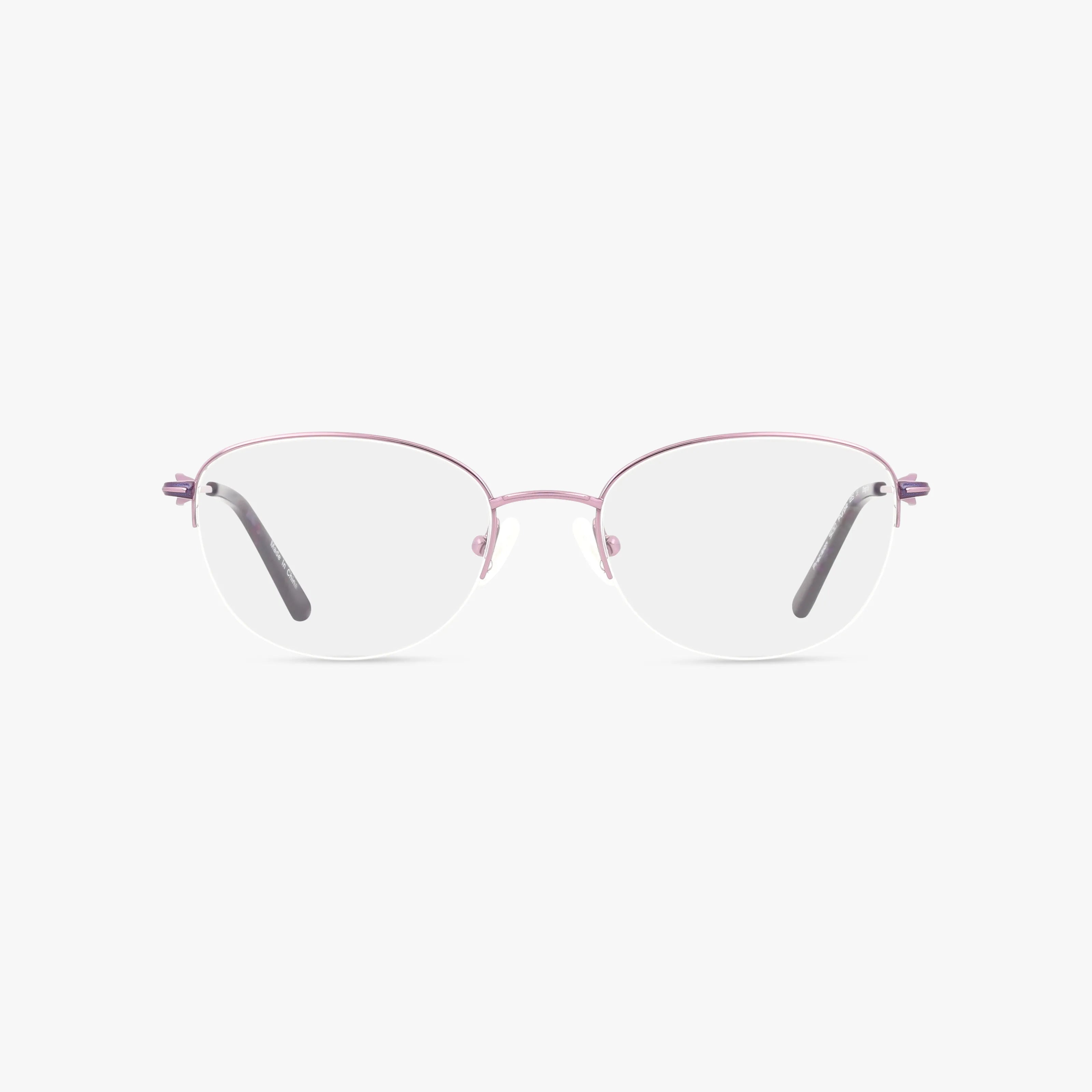 The Precision 500 eyeglasses feature lightweight, rimless frames in thin light purple metal with gray temple tips, shown against a plain white background.