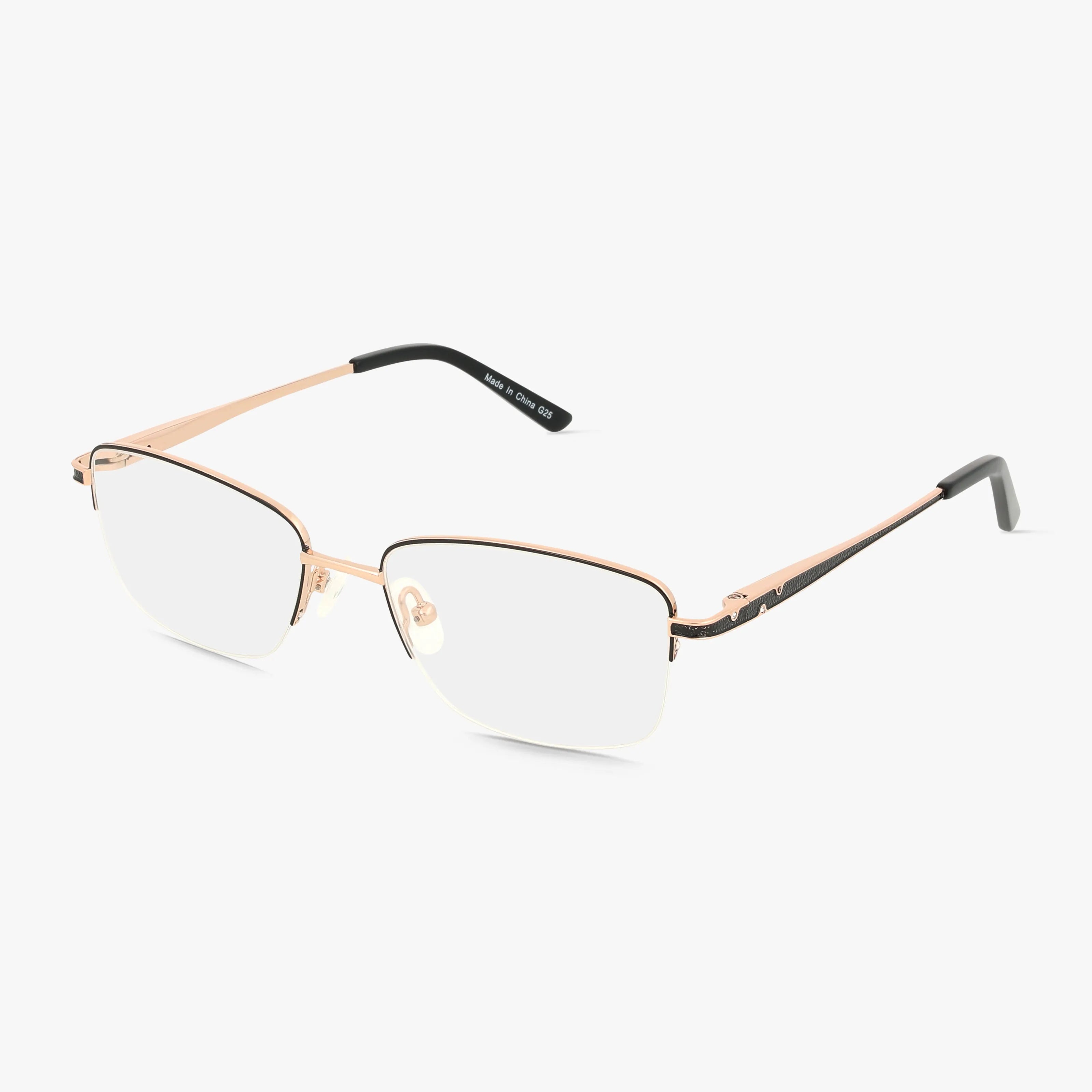 The Precision 501 features semi-rimless eyeglasses with a resilient rose gold metal frame, clear lenses, black temple tips, and nose pads, displayed on a white background.