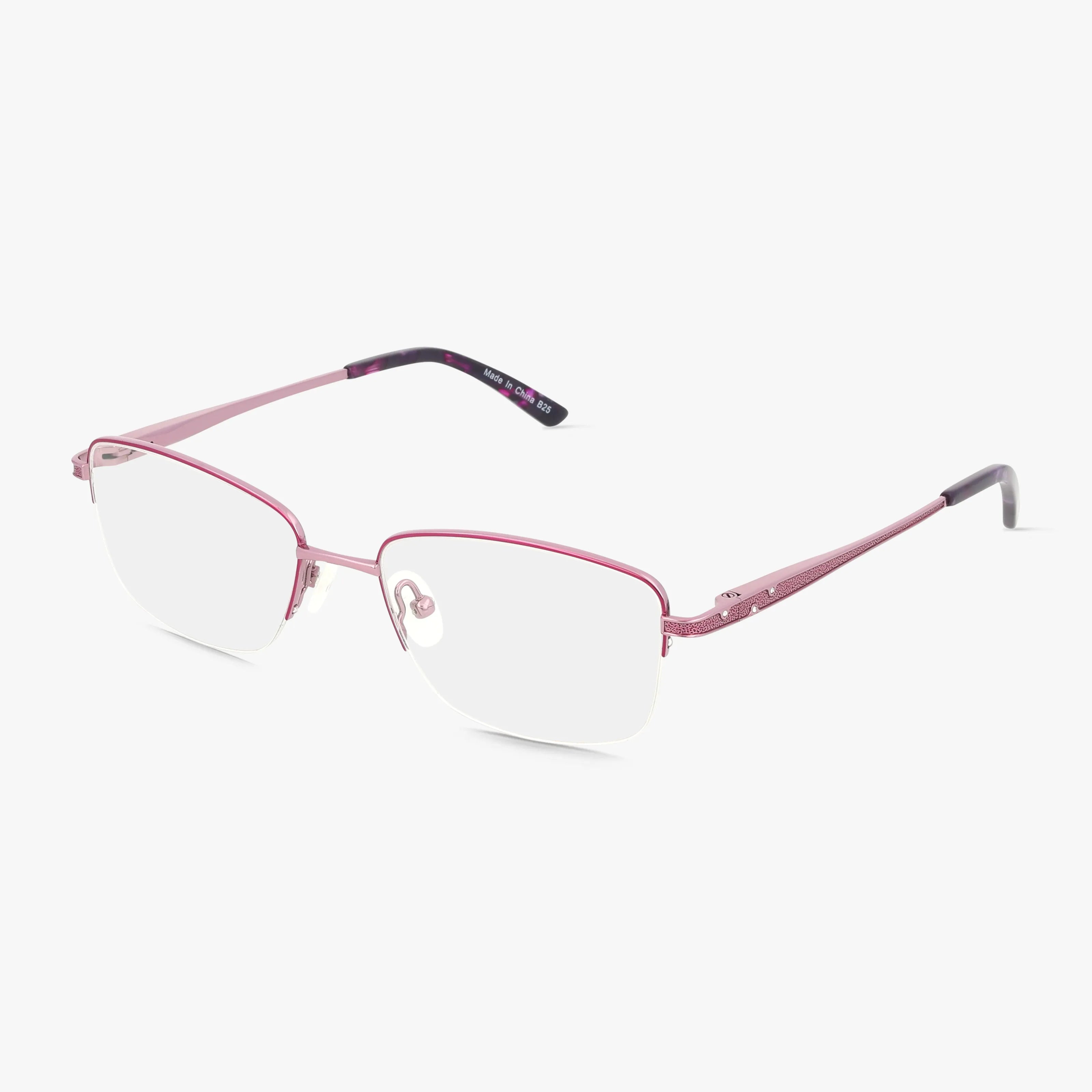 The Precision 501 features a modern, semi-rimless design with thin pink metal frames and clear lenses. Pink arms with darker tips add style and resilience. Displayed on a plain white background.