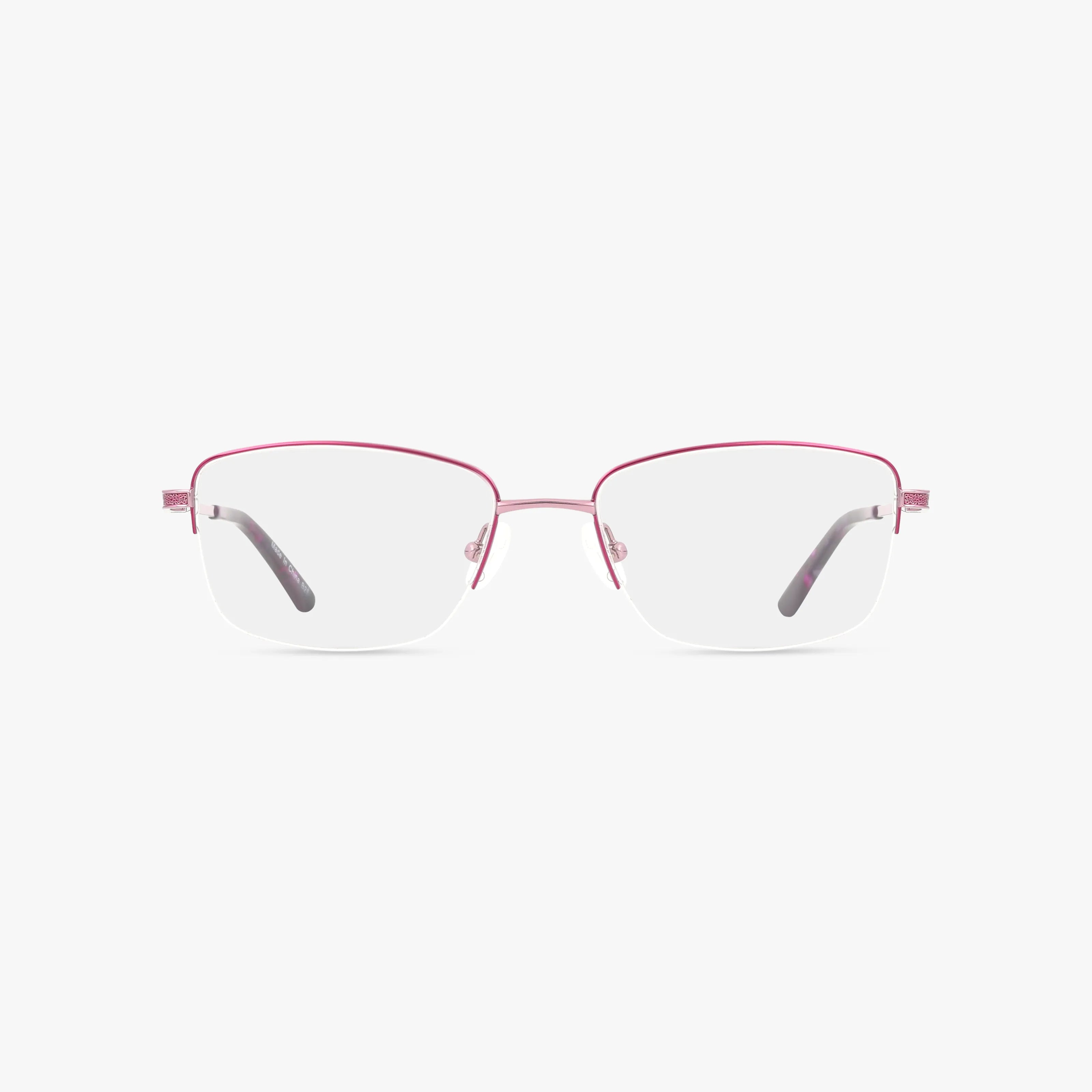 Front view of Precision 501 eyeglasses with a durable, thin metallic pink rectangular frame, clear lenses, pink-accented temples, and black tips, displayed on a plain white background.