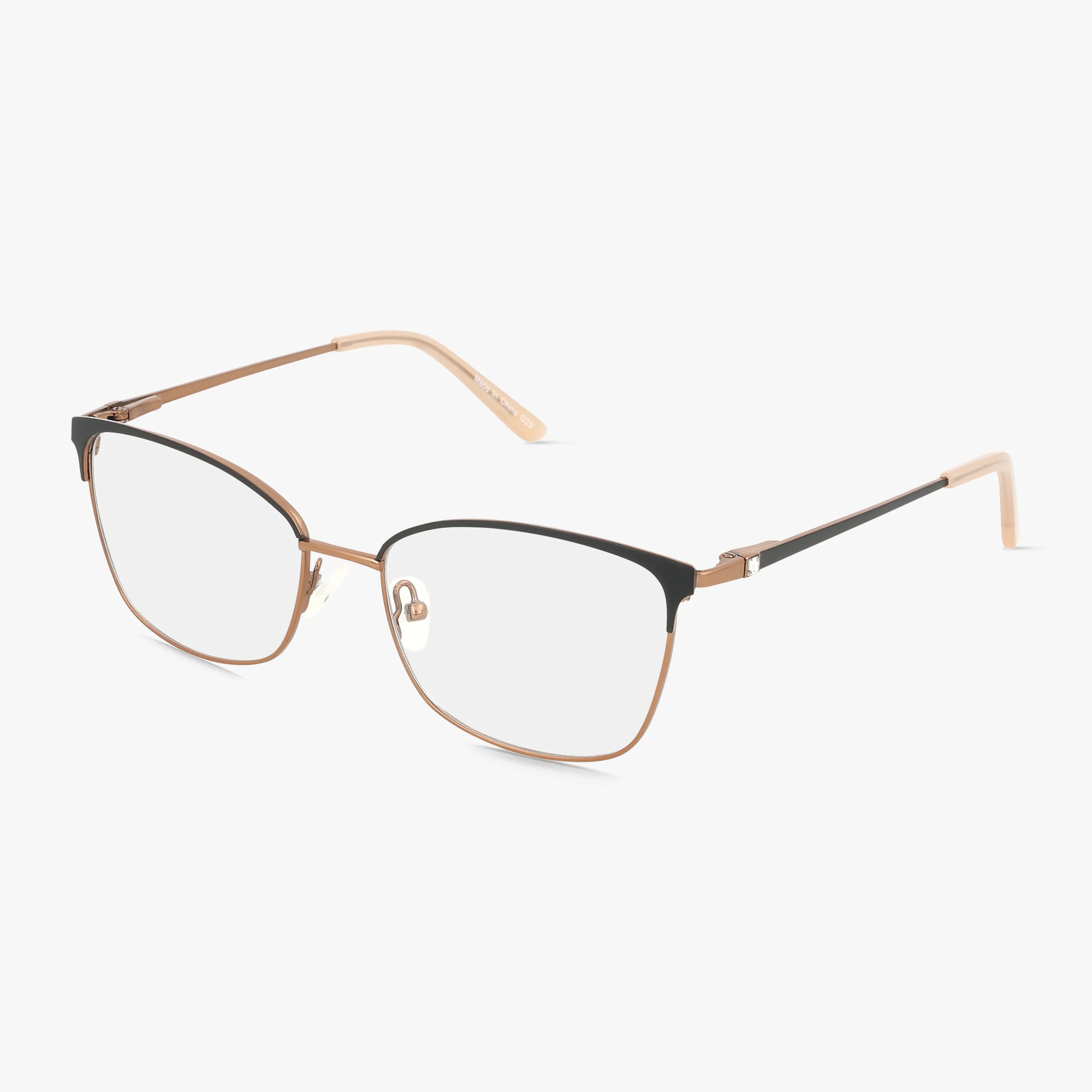 Precision’s 503 eyeglasses feature a refined frame with thin gold metal, black accents on the upper rims, and clear nose pads, displayed against a white background.