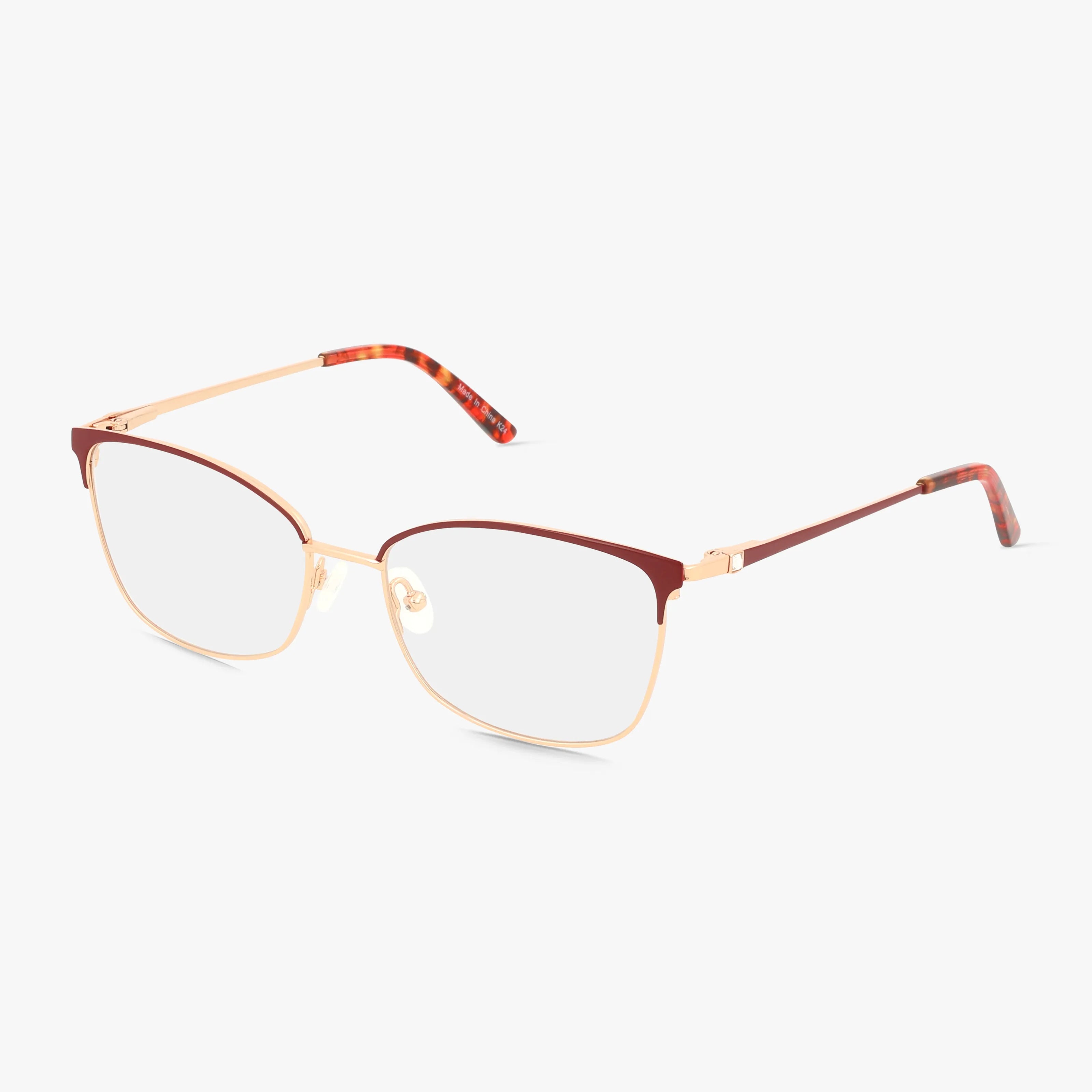Precision 503 eyeglasses feature a durable gold metal frame, red upper rims, and red-tortoise patterned temple tips, shown on a white background.