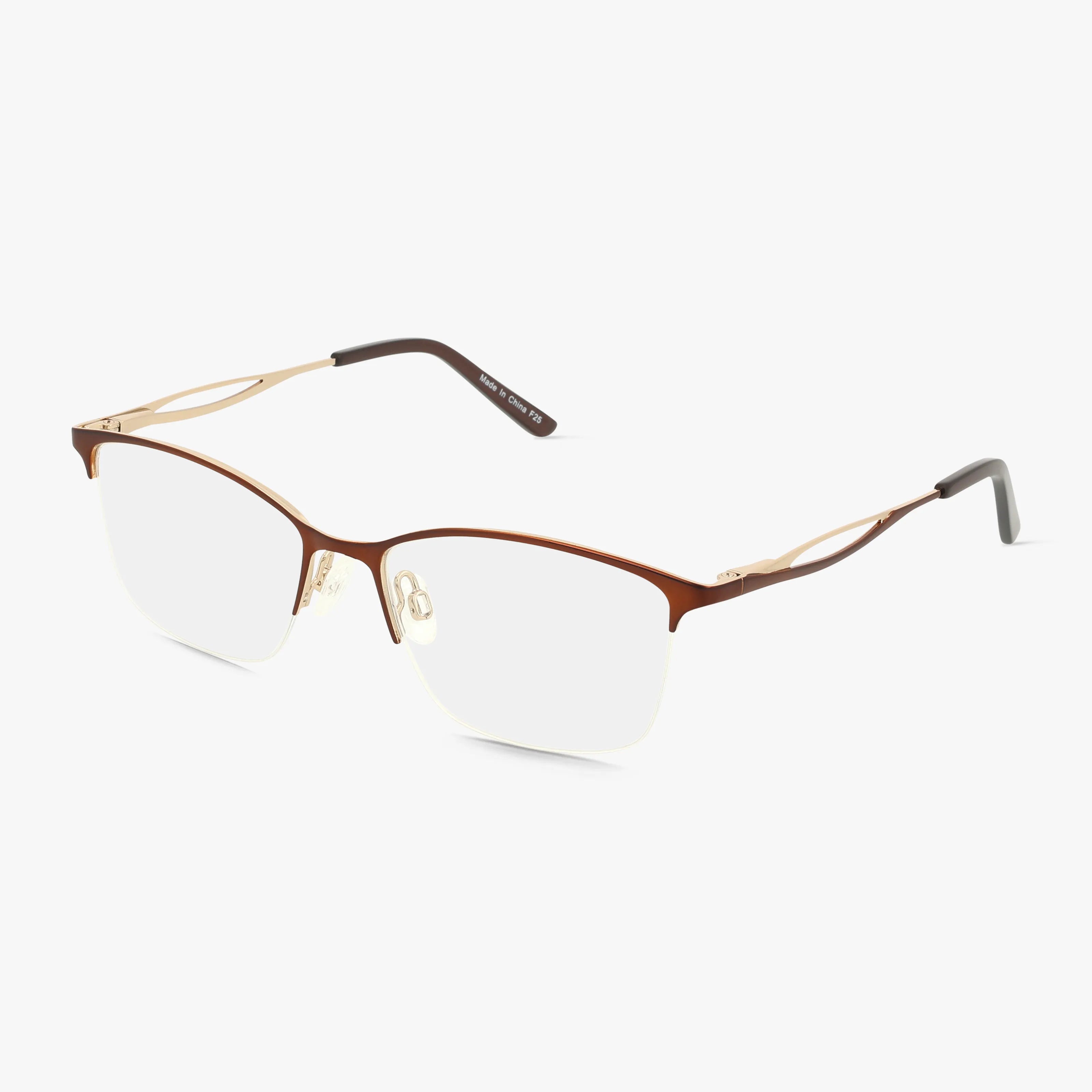 The Precision 504 eyeglasses feature a stylish semi-rimless brown metal frame, gold-accented temples, adjustable nose pads, and black temple tips, shown here on a white background.
