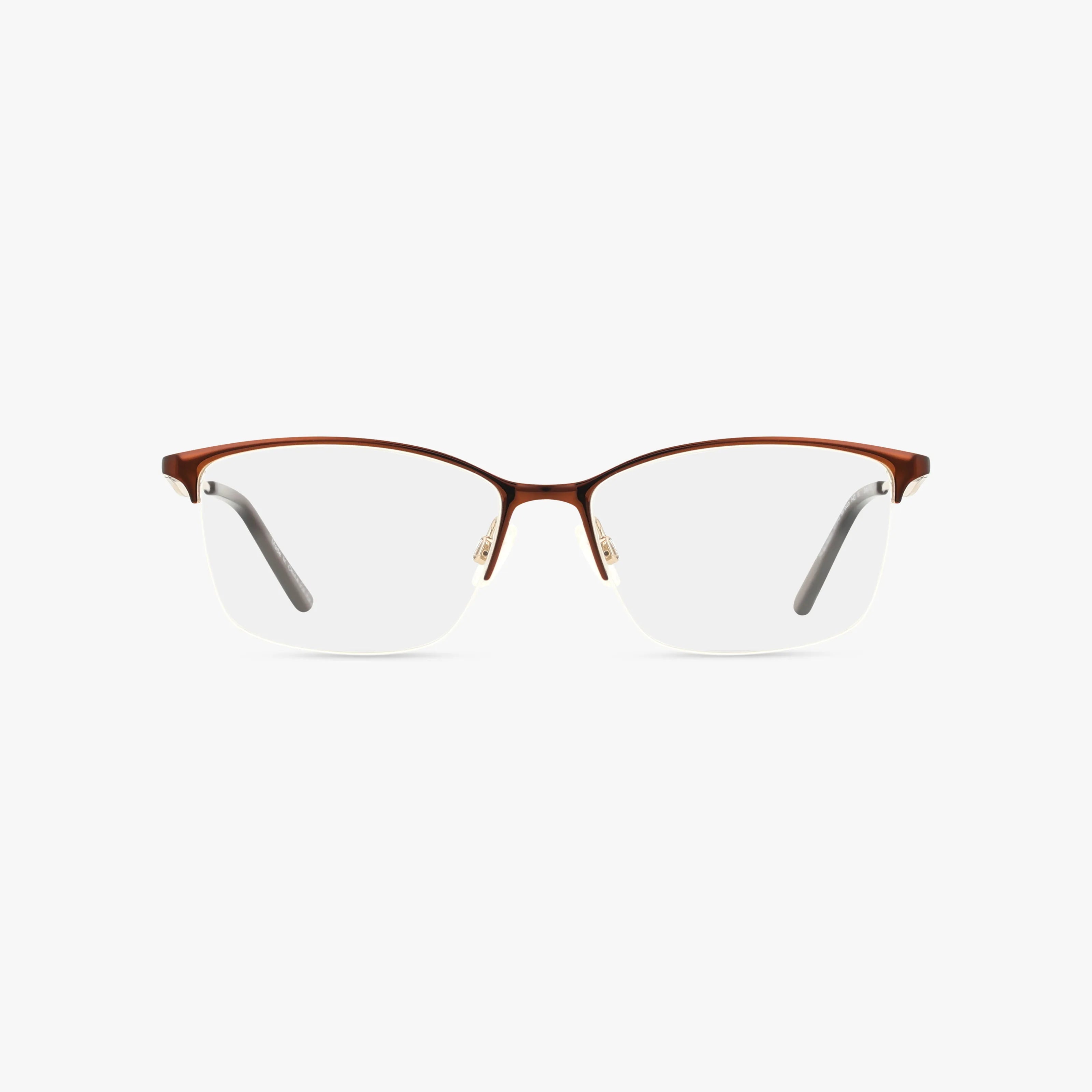 The Precision 504 eyeglasses feature a semi-rimless brown frame with clear lenses and dark temple tips for comfort. Sleek lines give these glasses a timeless look, all showcased against a white background.