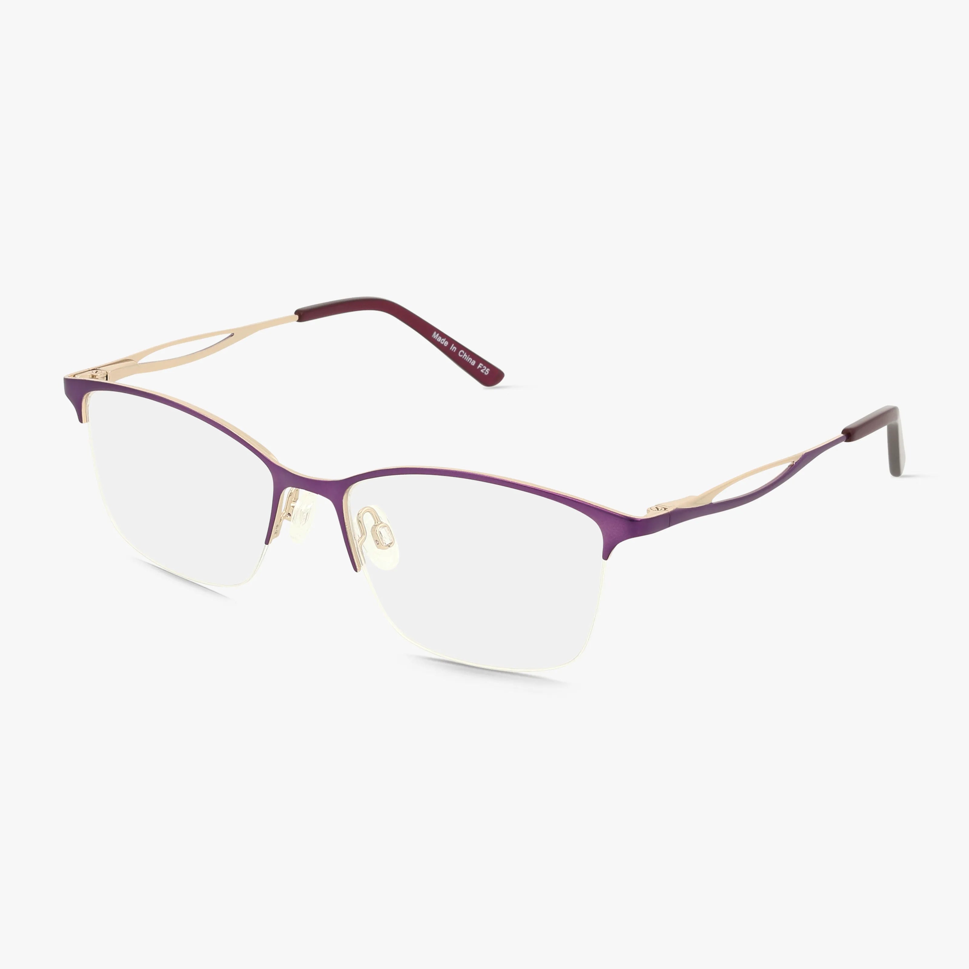 Precision 504 semi-rimless eyeglasses with classic lines, purple metal upper frame, thin gold temples, clear nose pads, and rectangular lenses are displayed on a white background.
