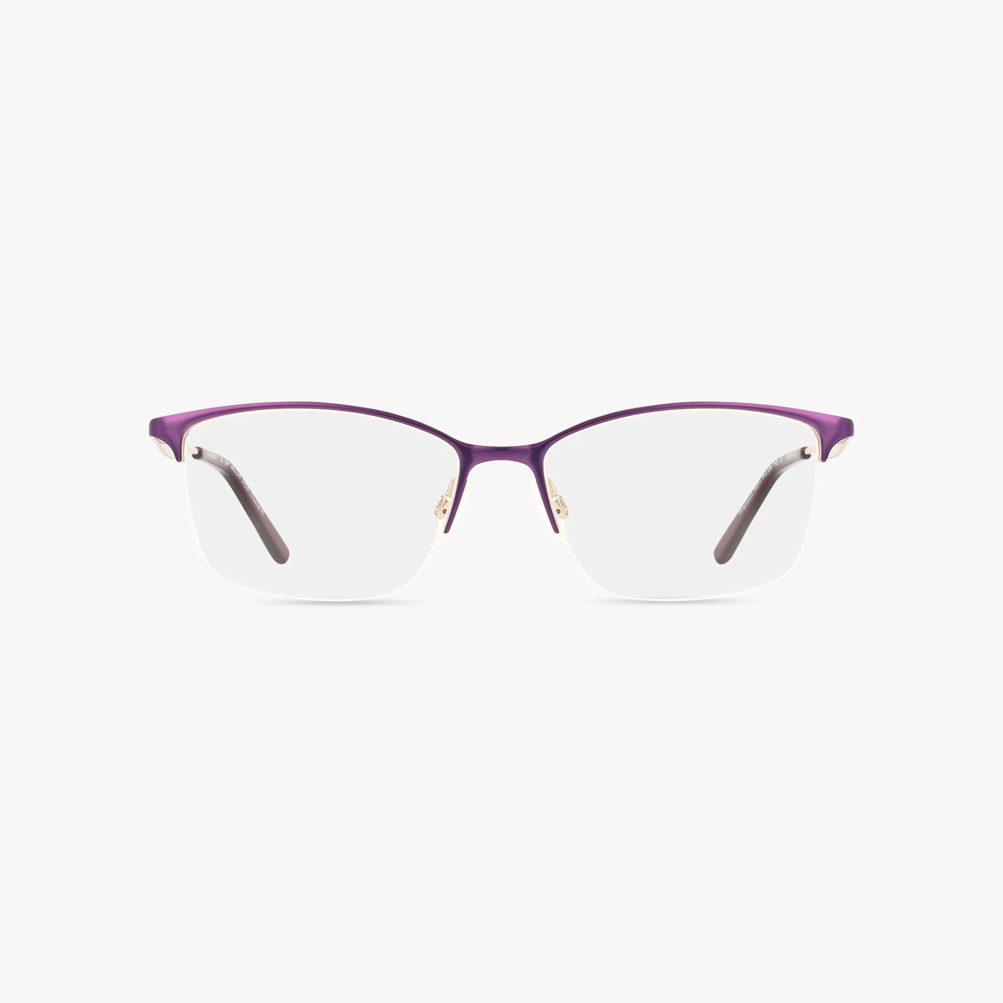 Precision 504 eyeglasses: half-rim cat-eye frames in classic purple metal with clear lenses, displayed on a plain white background.