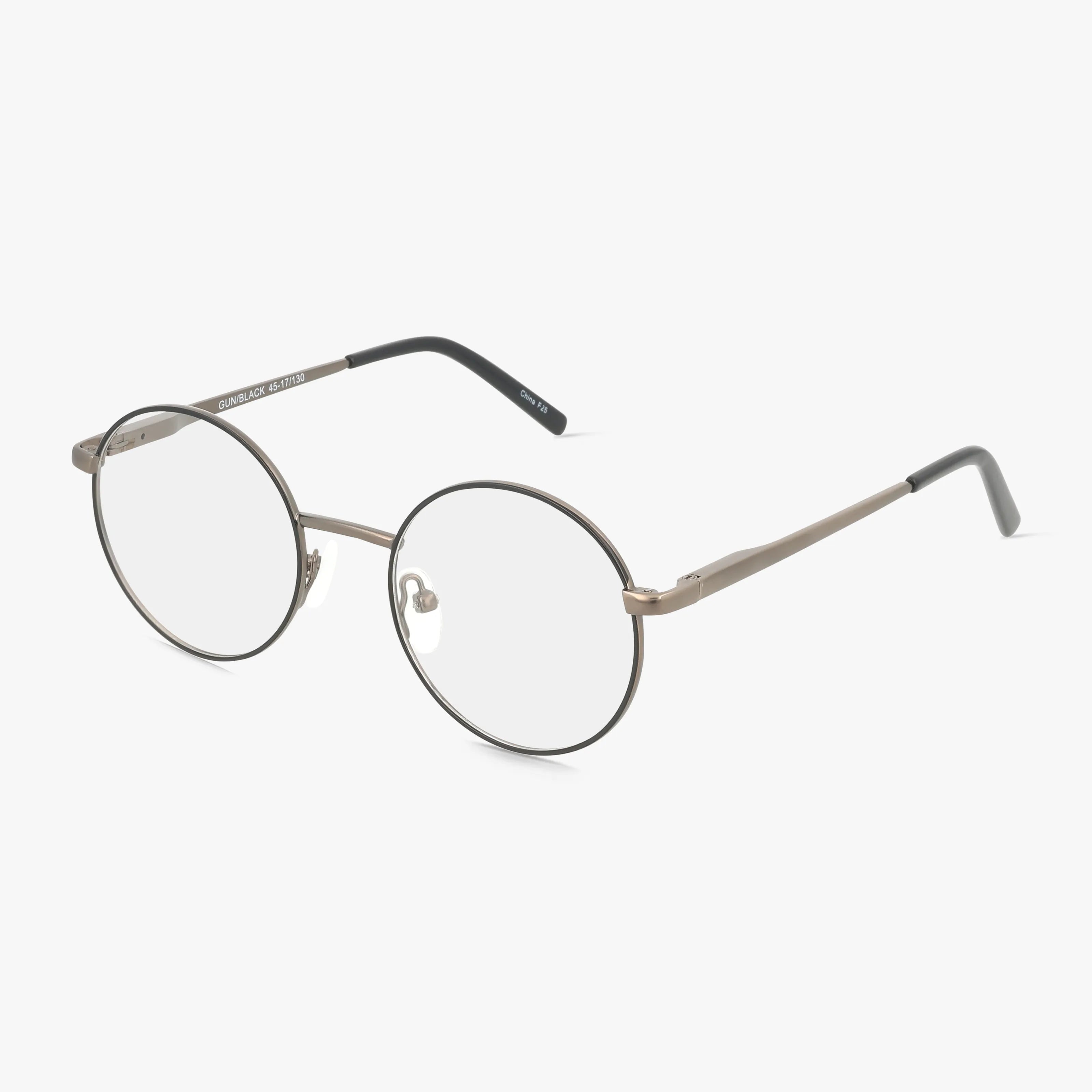 The Exclusive 247 eyeglasses feature round, thin gunmetal black frames with clear lenses and black temple tips, designed to help you stand out from the crowd. Displayed on a plain white background.