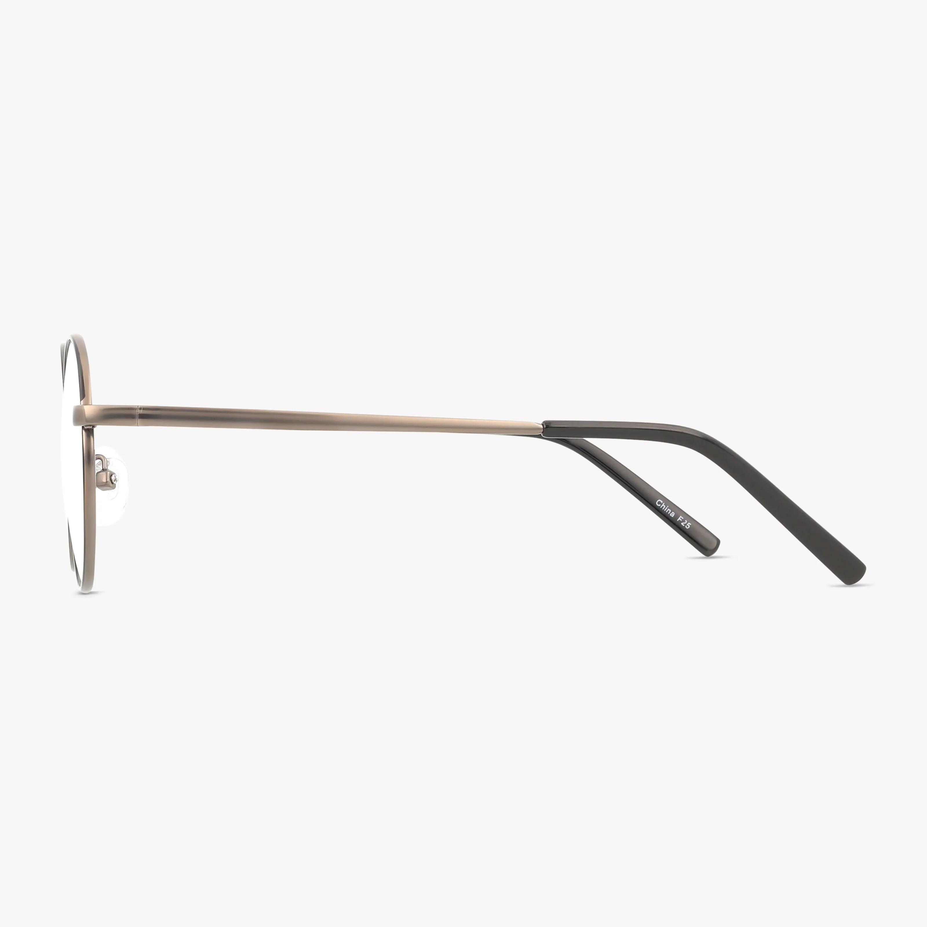 Side view of Exclusive 247 eyeglasses with thin, brown metal frames and black temple tips on a white background—perfect for standing out from the crowd.