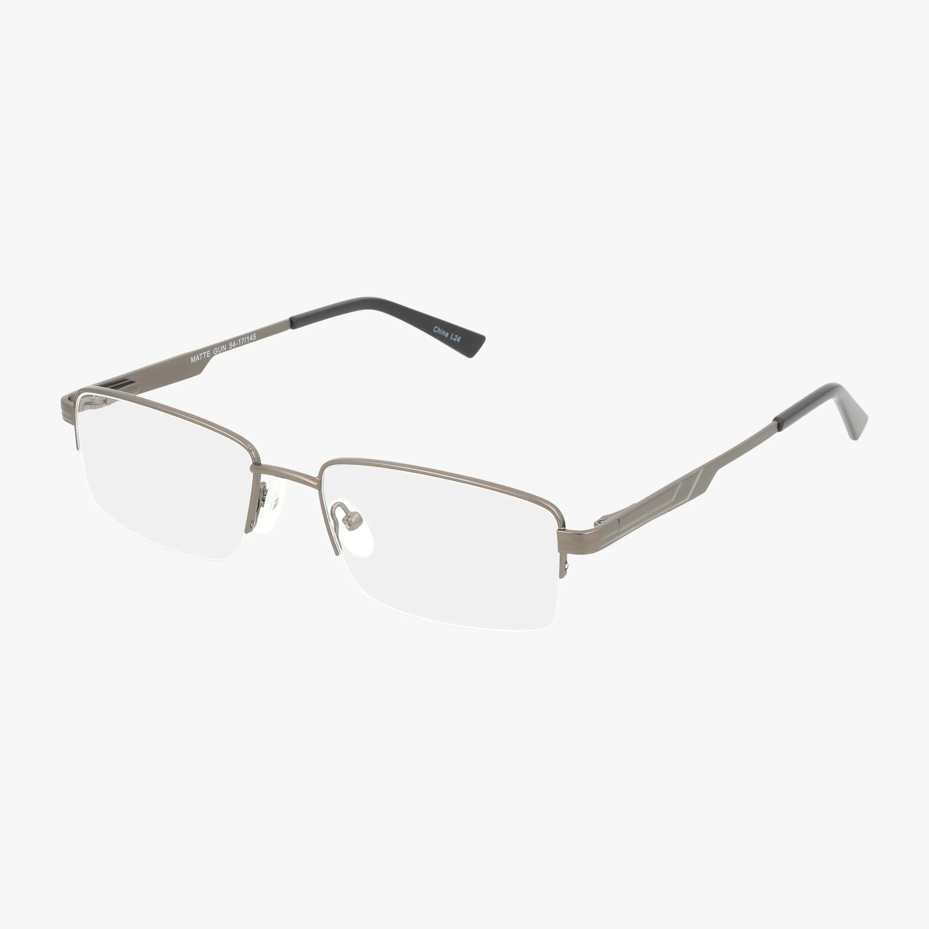The Exclusive 253 eyeglasses in Gunmetal Matte feature semi-rimless, durable thin metallic frames with clear lenses, adjustable nose pads, and straight, slightly curved arms for a modern look against a plain white background.