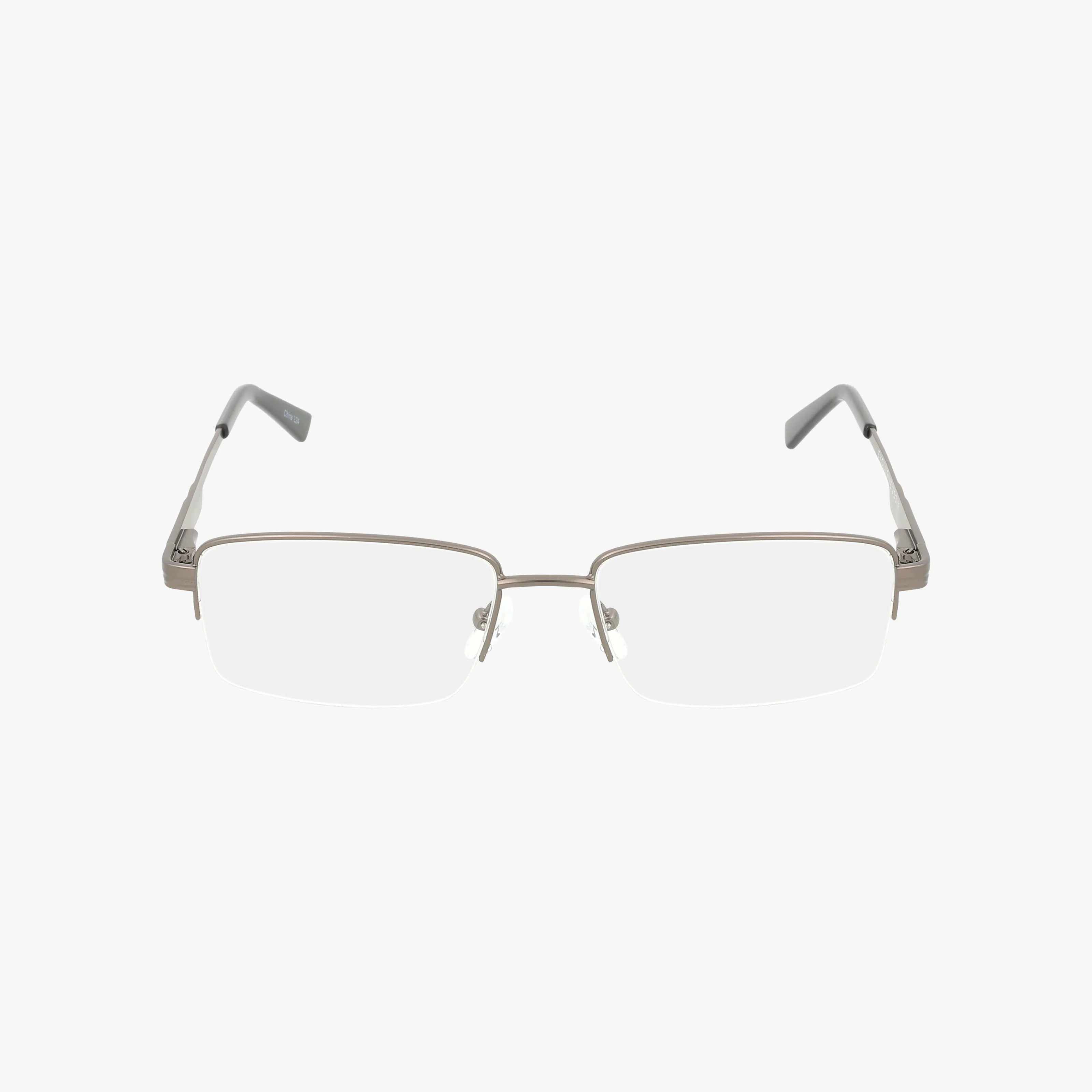 The Exclusive 253 eyeglasses feature a rectangular, rimless design with tailored frames, thin metal arms, and clear nose pads, showcased on a white background for a modern look.