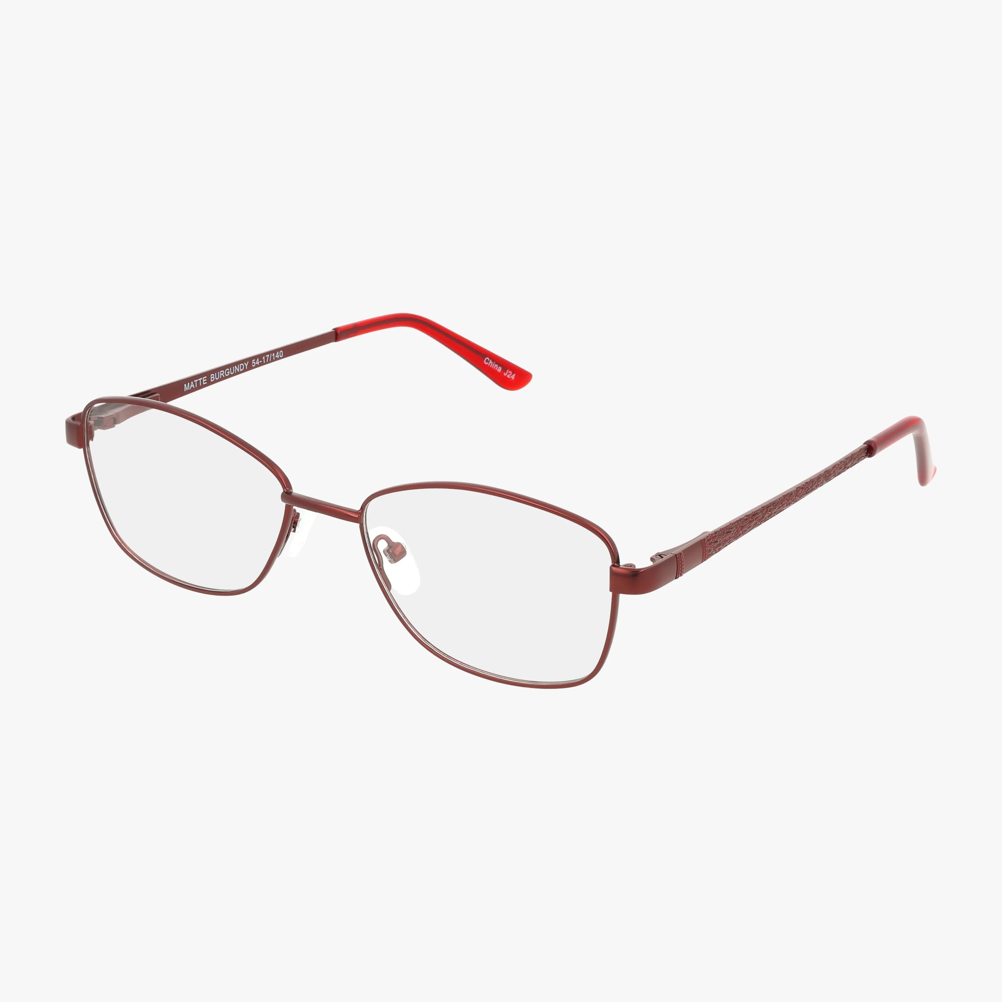 The Exclusive 256 thin metal eyeglasses feature a polished Red Dark frame, clear lenses, and red-tipped temple arms, stylishly displayed on a white background.